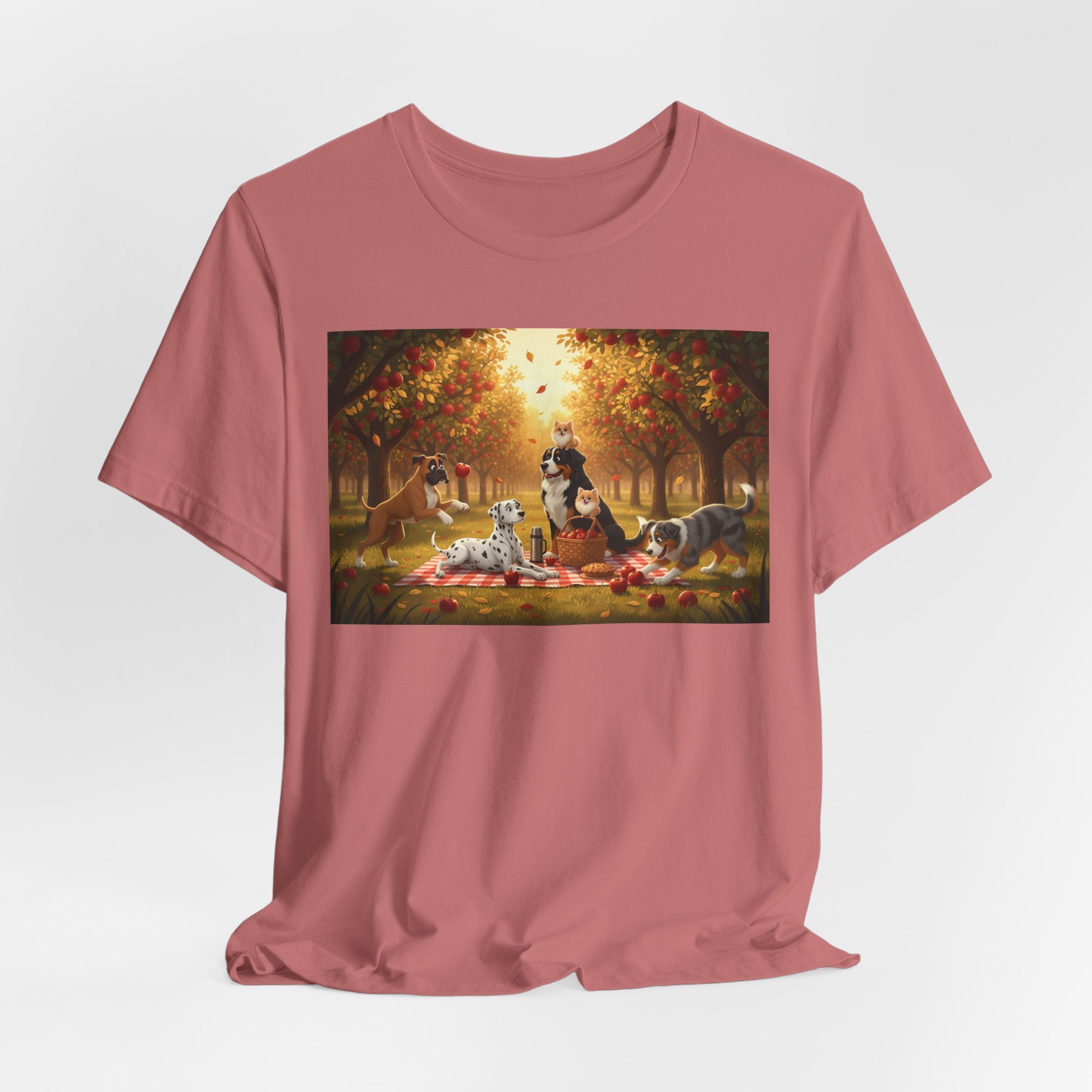 Dogs Autumn Picnic T‑Shirt — Cozy Fall Forest Canine Scene