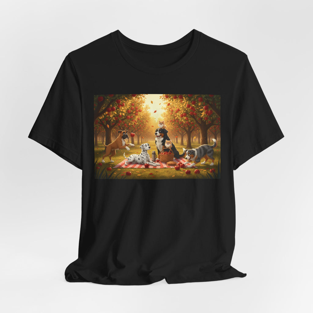 Dogs Autumn Picnic T‑Shirt — Cozy Fall Forest Canine Scene