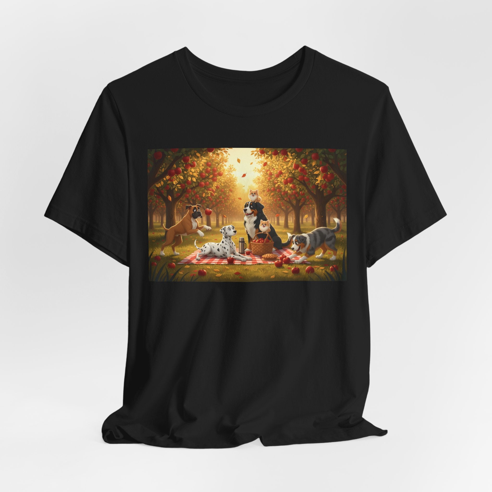 Dogs Autumn Picnic T‑Shirt — Cozy Fall Forest Canine Scene