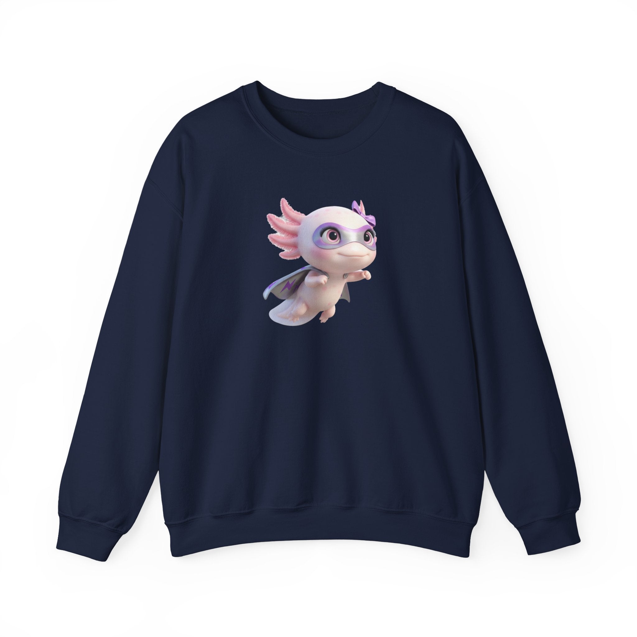 Axolotl Superhero Girl Flying Crewneck Sweatshirt — Cute Pastel Axolotl Design