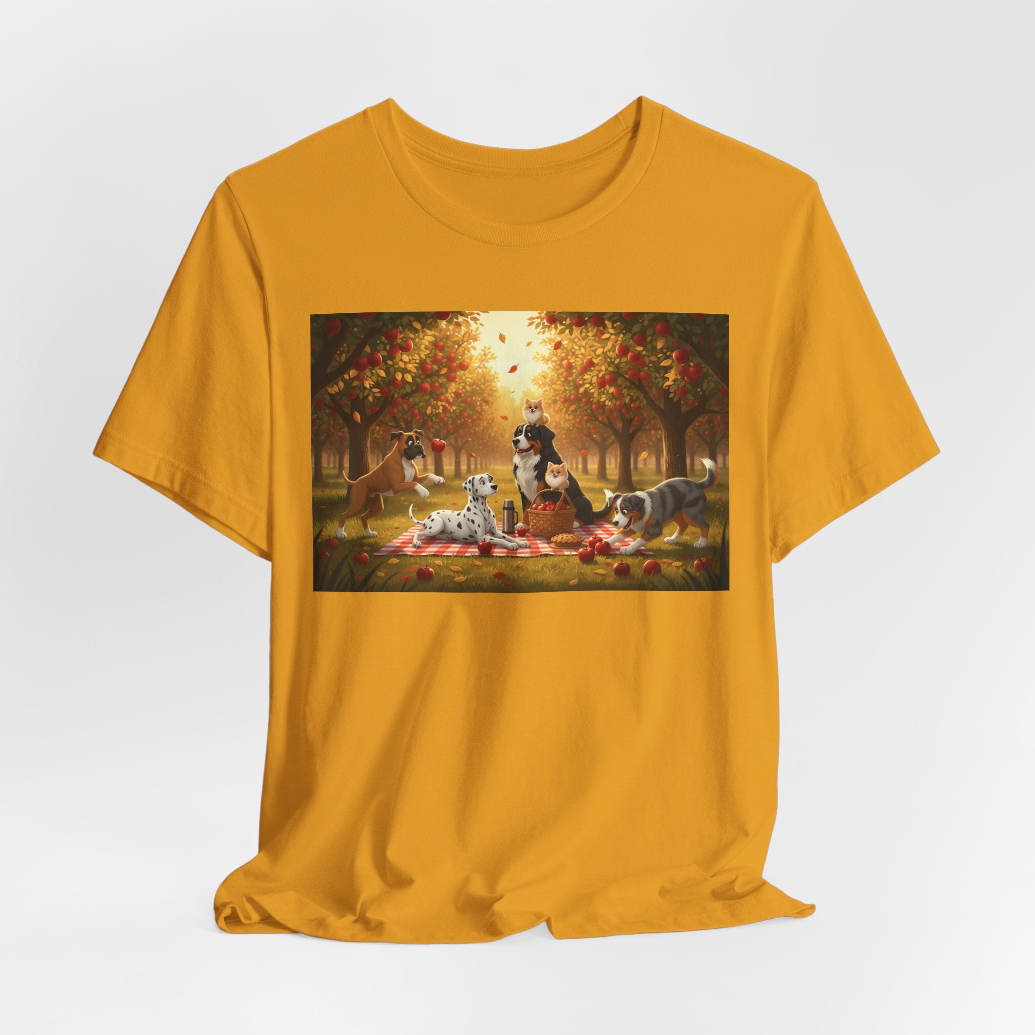 Dogs Autumn Picnic T‑Shirt — Cozy Fall Forest Canine Scene