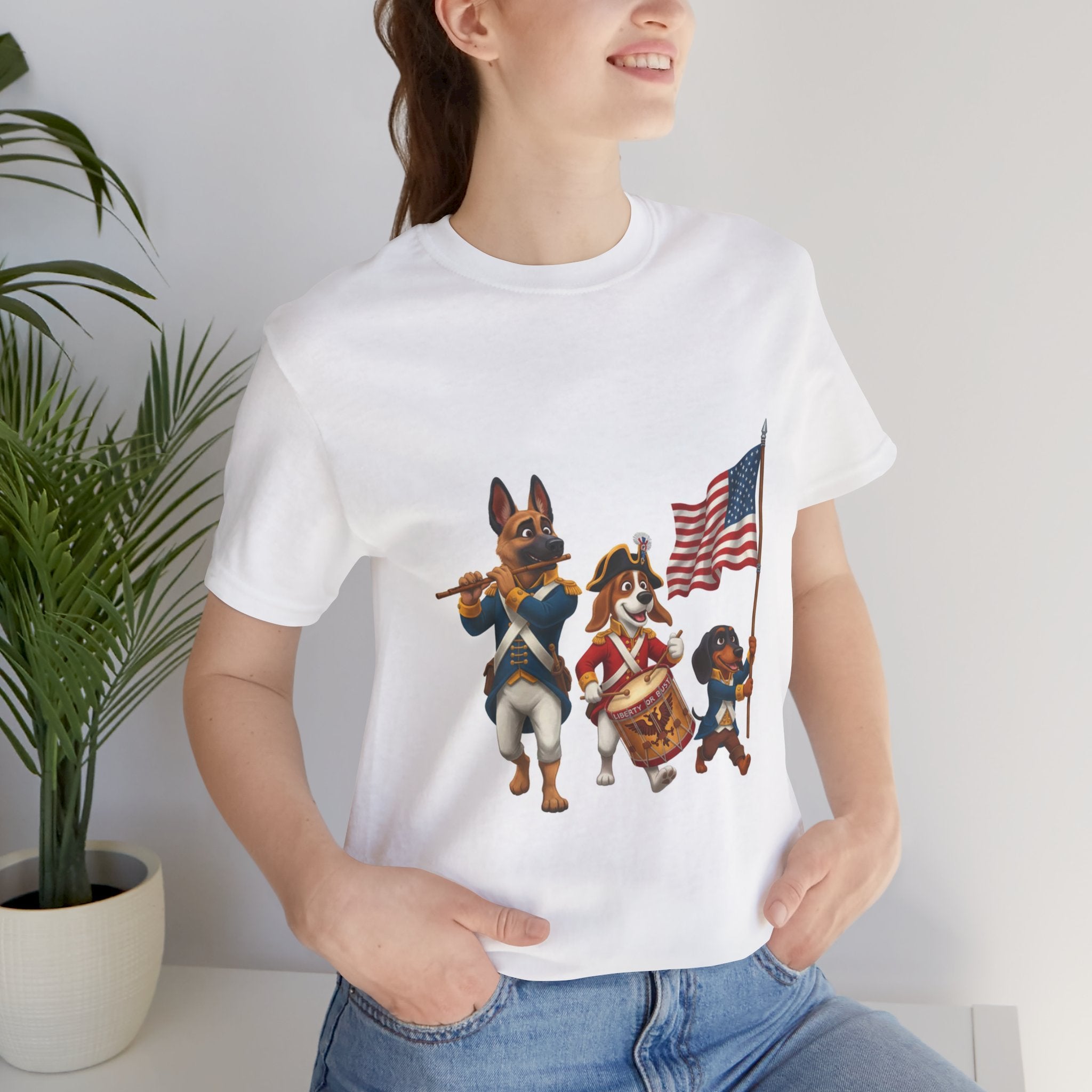 Patriotic Dogs Marching Tee — American Flag Drum & Fife Graphic T-Shirt