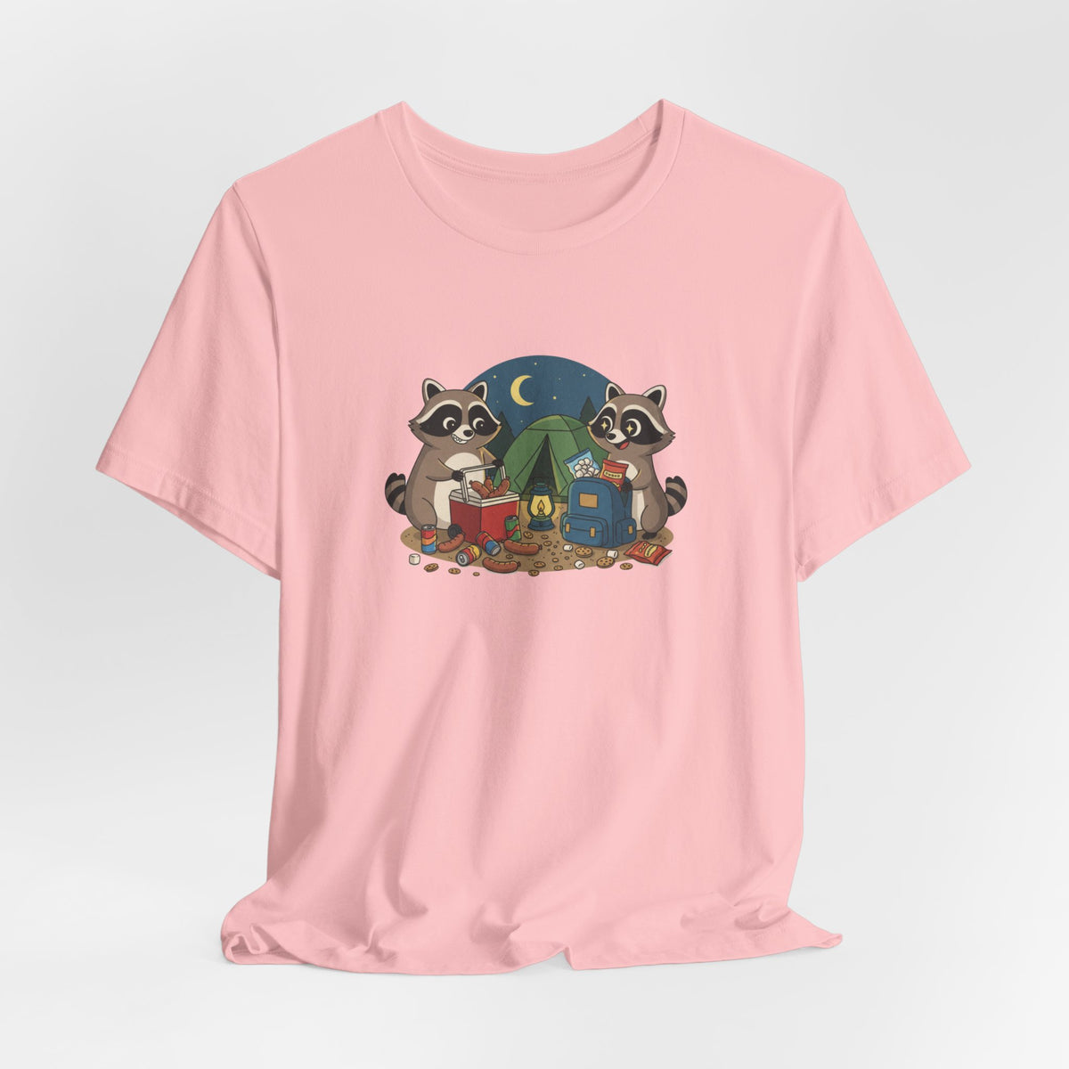 Camping Raccoons Graphic Tee – Cute Nighttime Tent & Marshmallow Illustration
