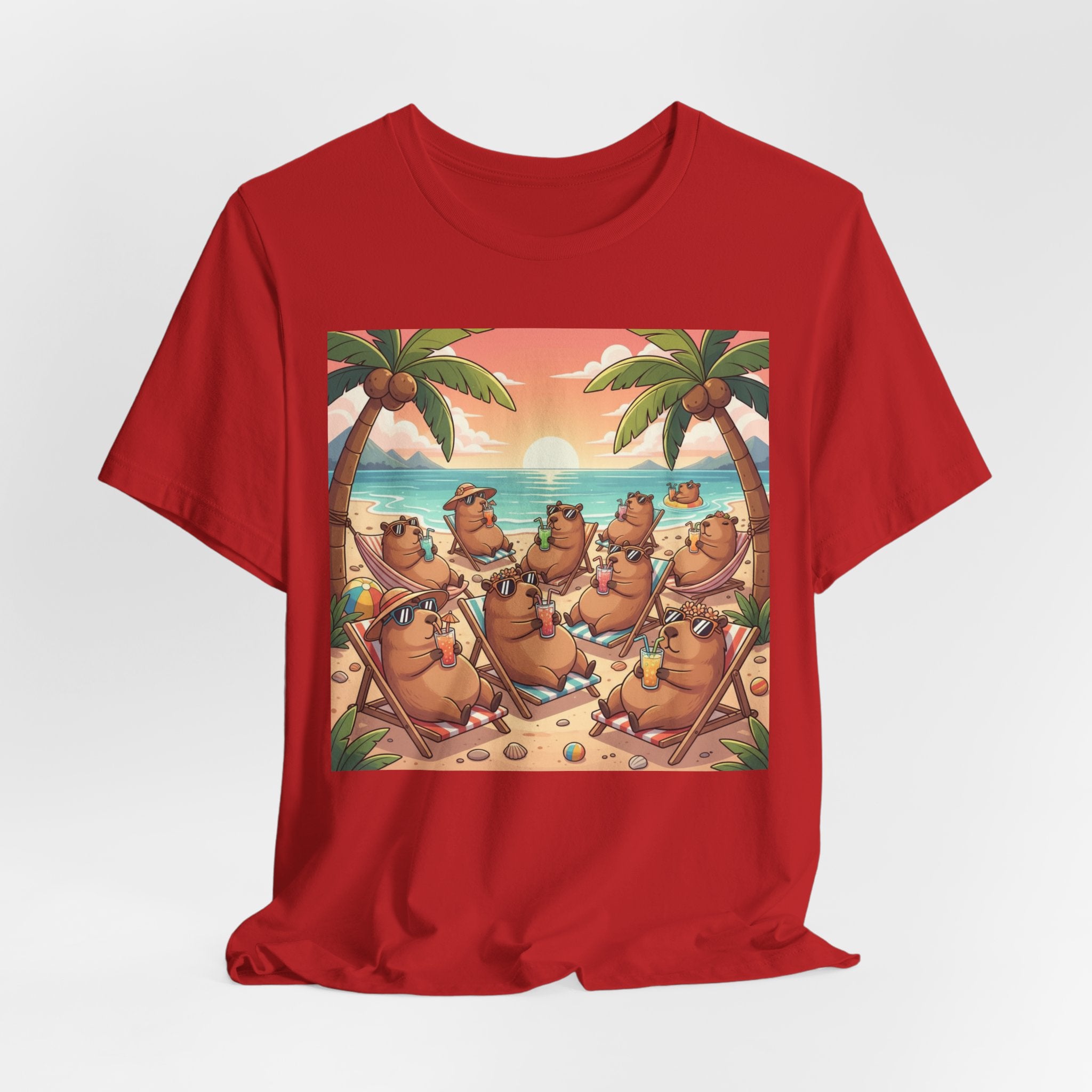 Capybaras on the Beach T-Shirt — Cute Sunset Palm Beachwear