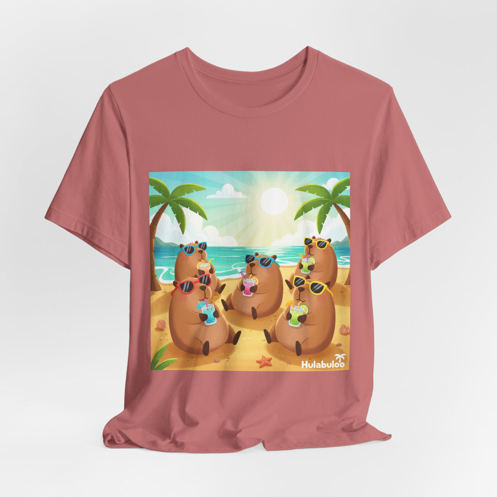 Capybara at the Beach Crew T‑Shirt — Cute Capybaras Sipping Cocktails Summer Tee