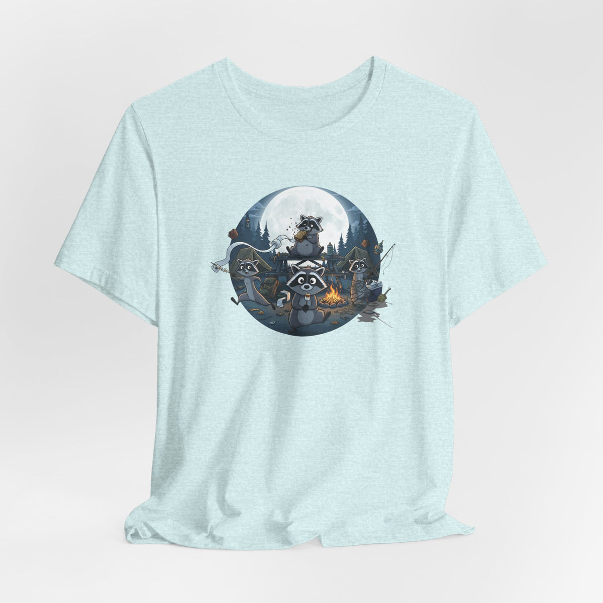 Moonlit Raccoon Camp Raiders Tee — Night Adventure Wildlife T-Shirt