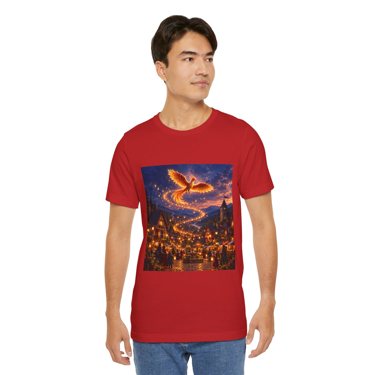 Phoenix Nightscape T-Shirt — Magical Flaming Bird Over Lit Village