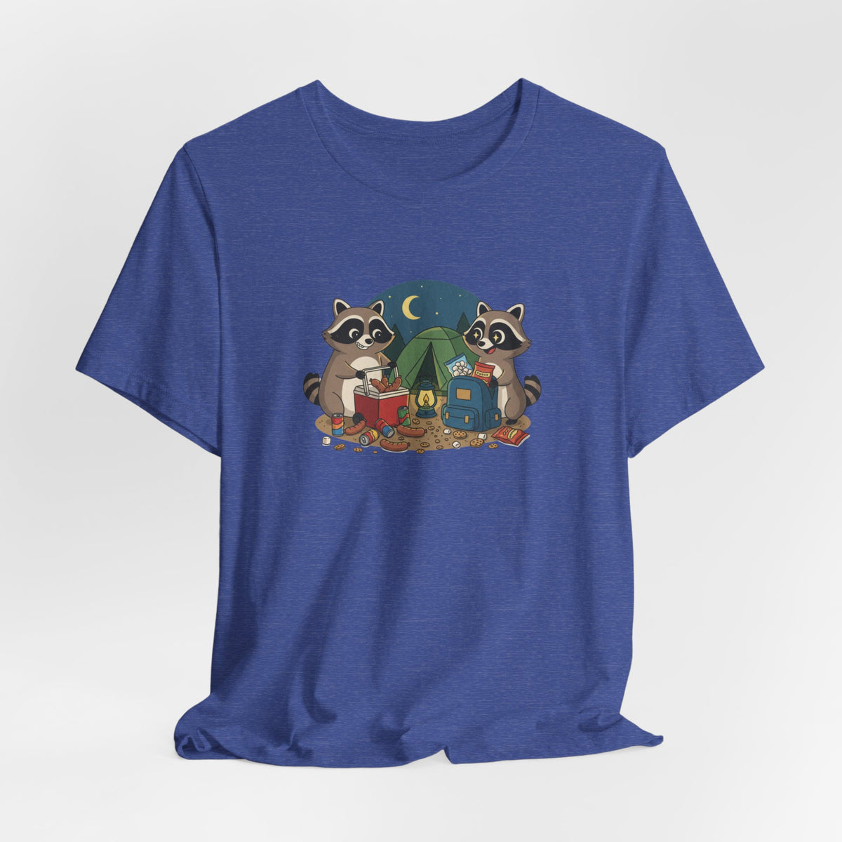 Camping Raccoons Graphic Tee – Cute Nighttime Tent & Marshmallow Illustration