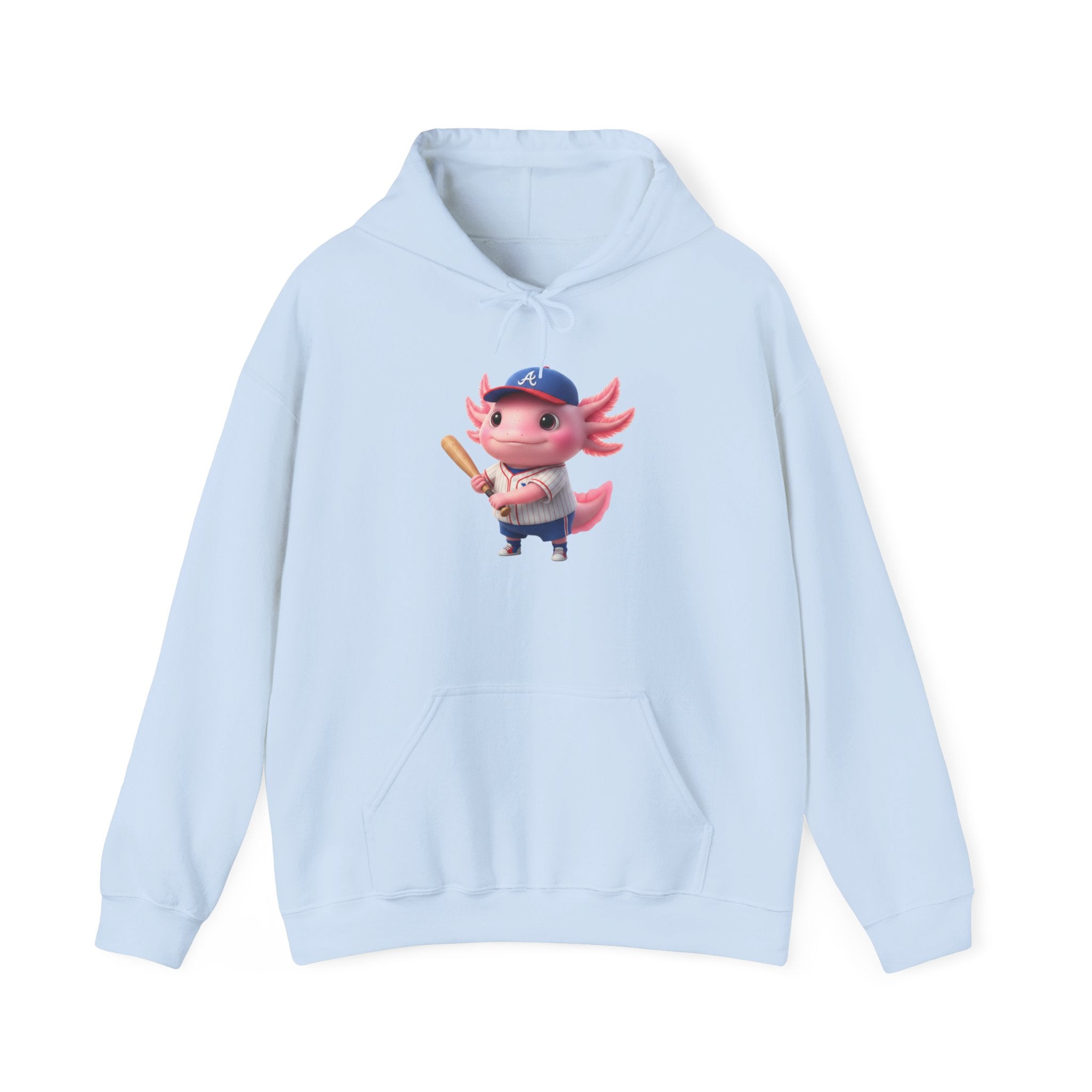 Axolotl Baseball Boy Hoodie — Cute Pink Axolotl Holding Bat Pullover