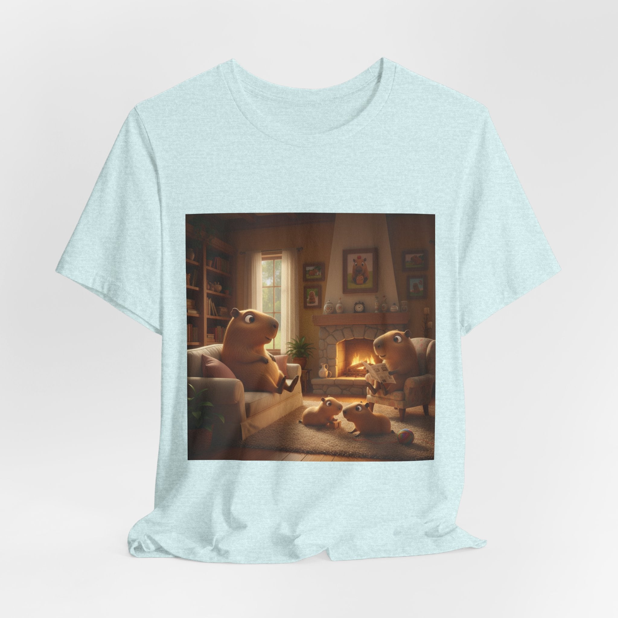 Capybara Family T‑Shirt — Warm Fireplace Family Home Scene Tee