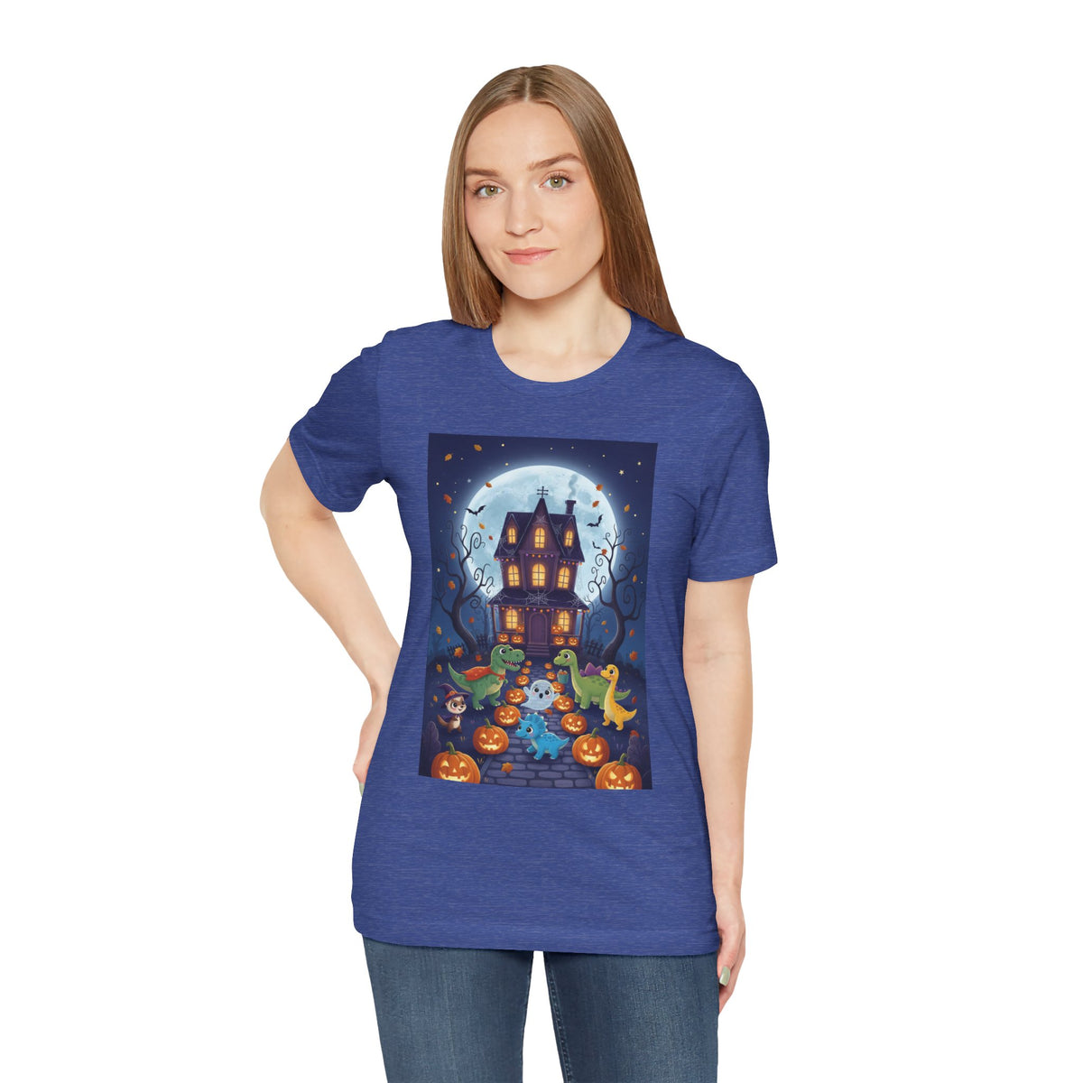 Dinosaurs Halloween Haunted House Tee — Cute Ghosts, Pumpkins & Moonlit Night