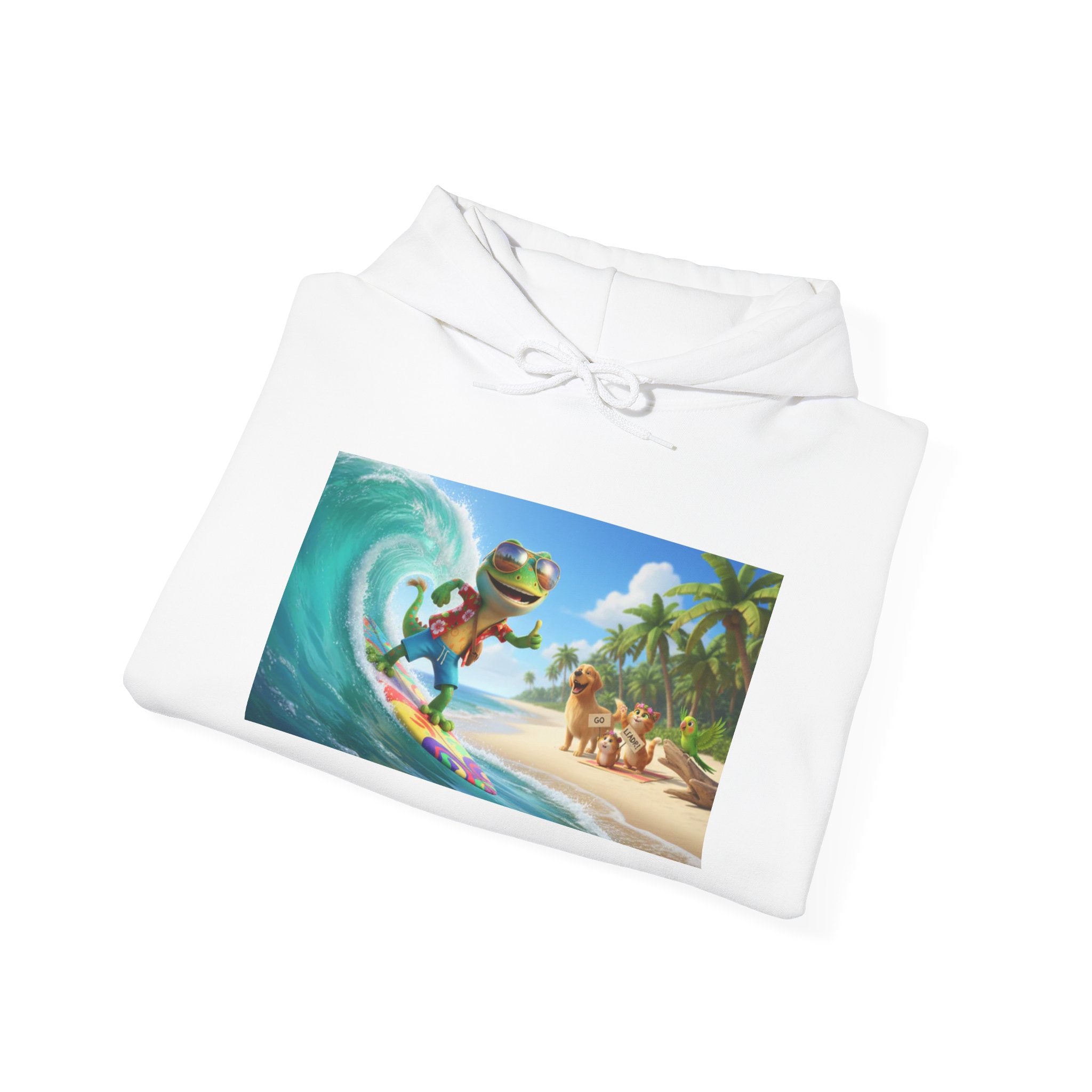 Lizard Surfing Hoodie - Tropical Beach Cartoon Pullover