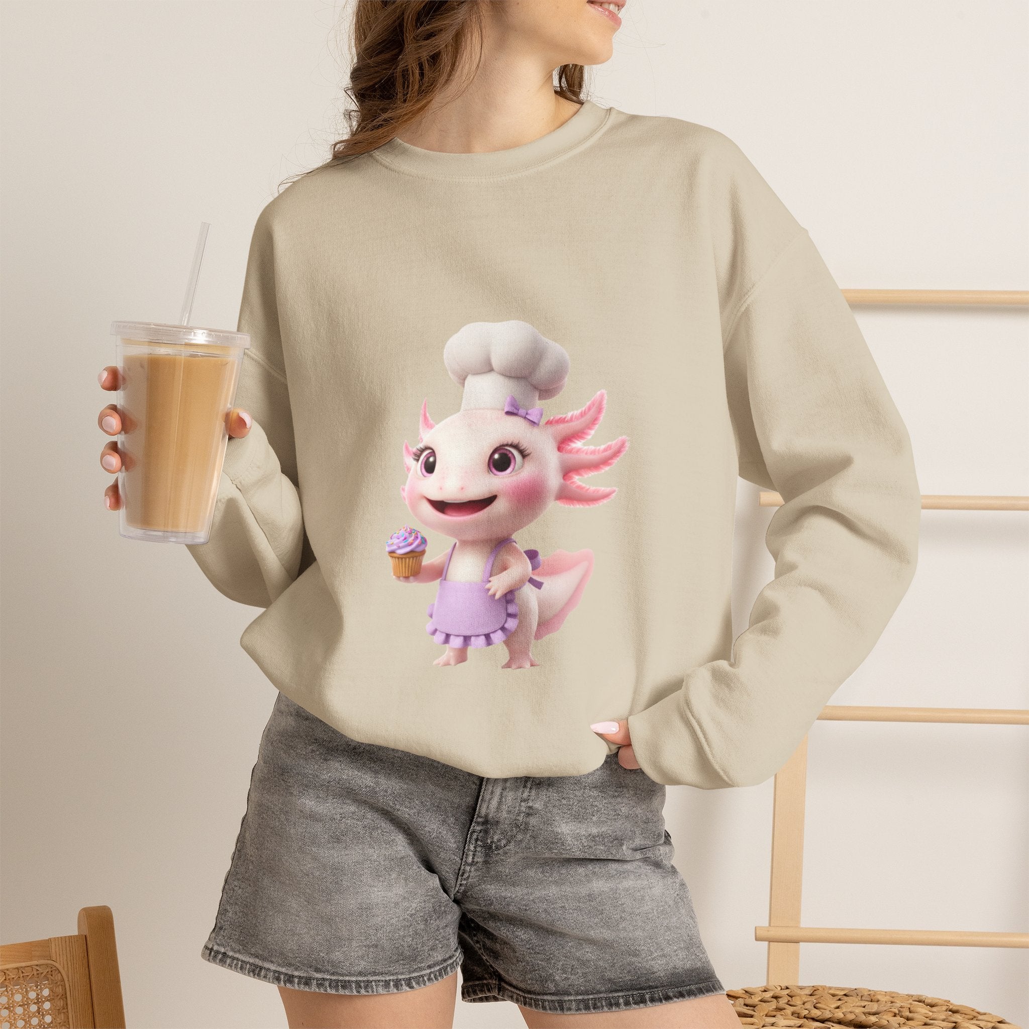 Axolotl Chef Girl Crewneck Sweatshirt — Cute Pink Axolotl Baking Design