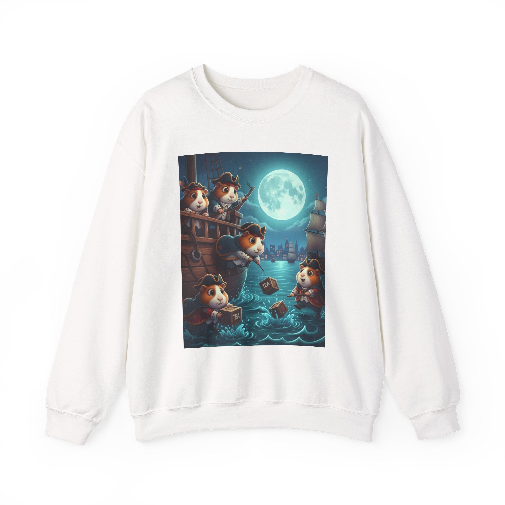 Guinea Pig Boston Tea Party Crewneck Sweatshirt — Cute Moonlit Nautical Adventure