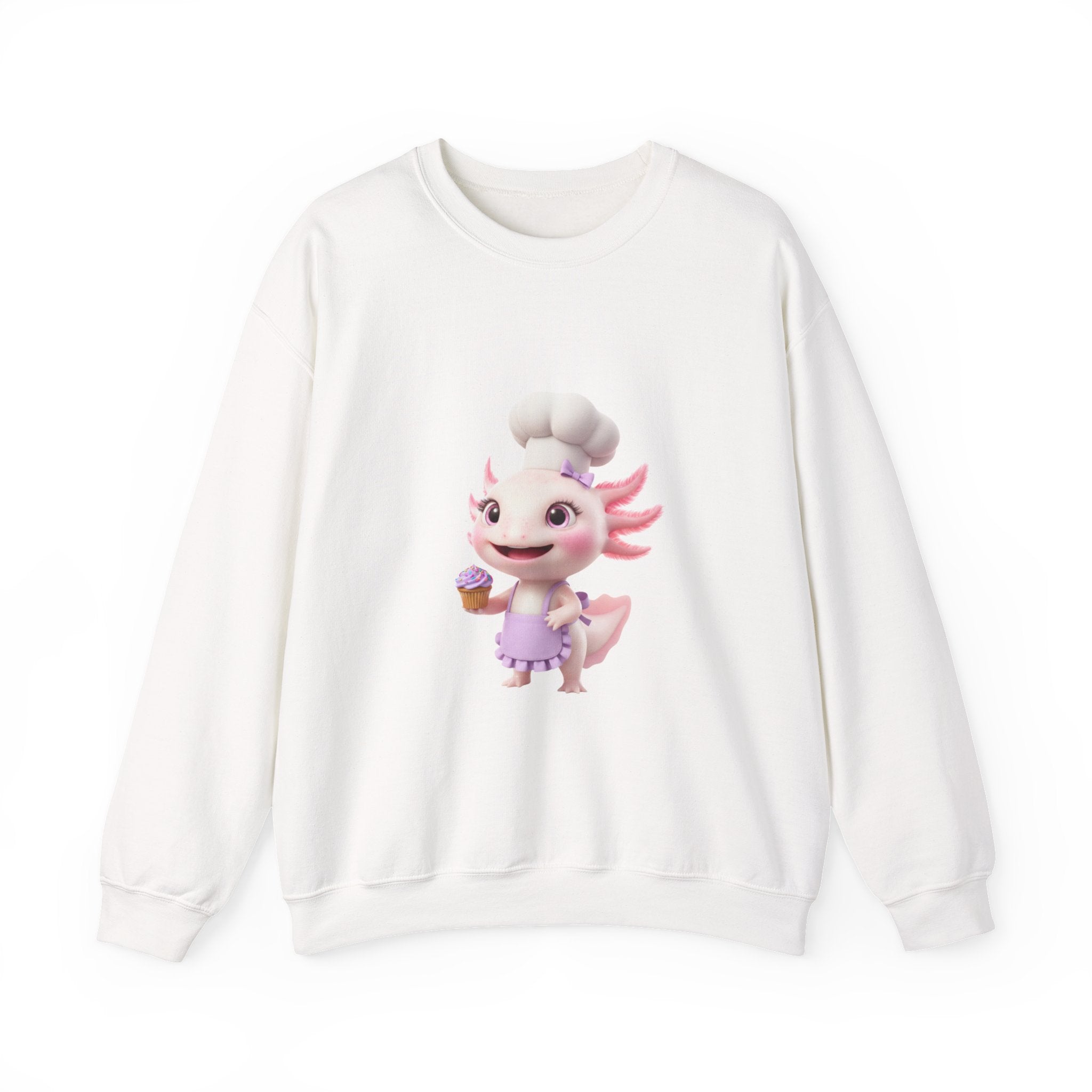 Axolotl Chef Girl Crewneck Sweatshirt — Cute Pink Axolotl Baking Design