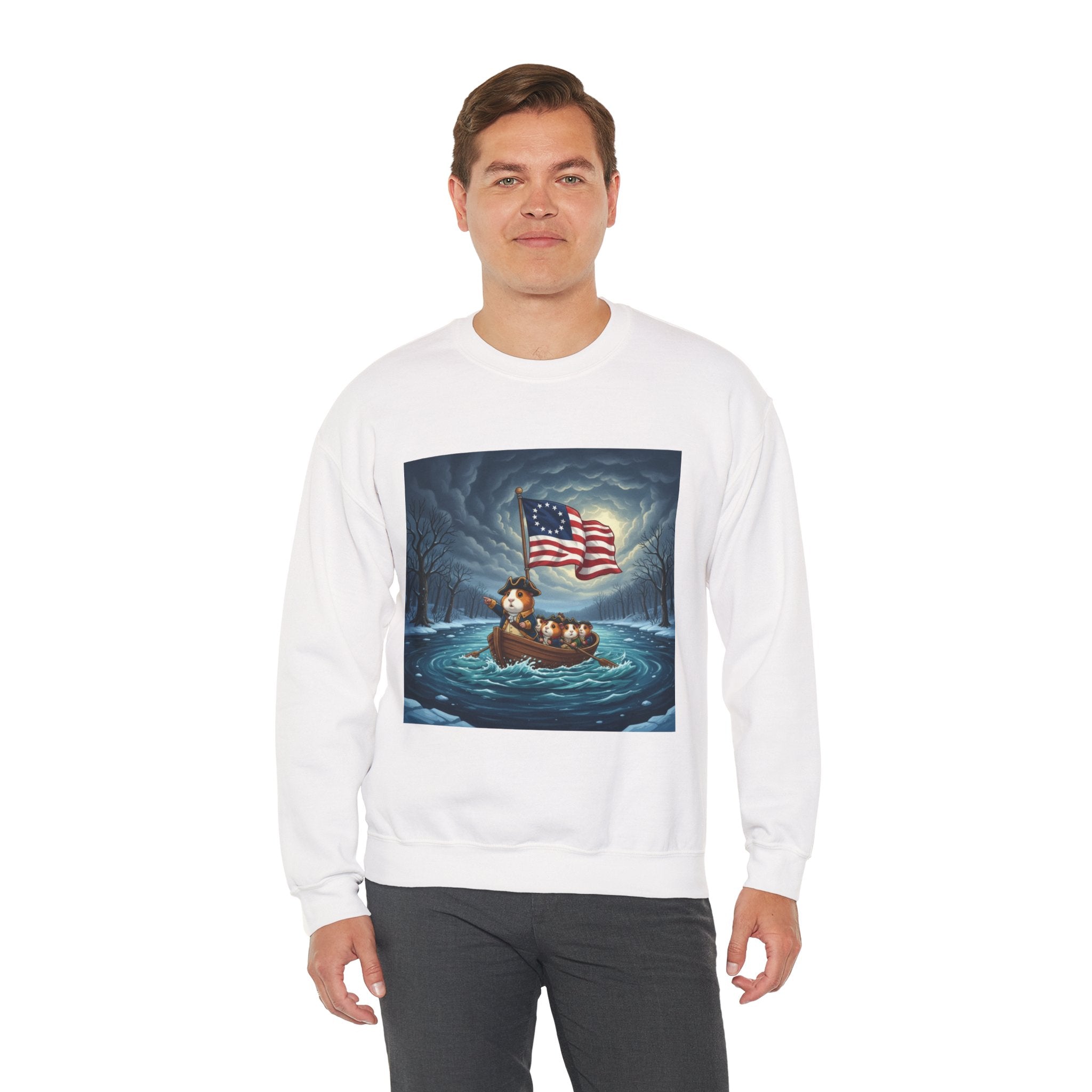 Crewneck Sweatshirt — Patriotic Guinea Pig  Rowing Boat with American Flag Graphic