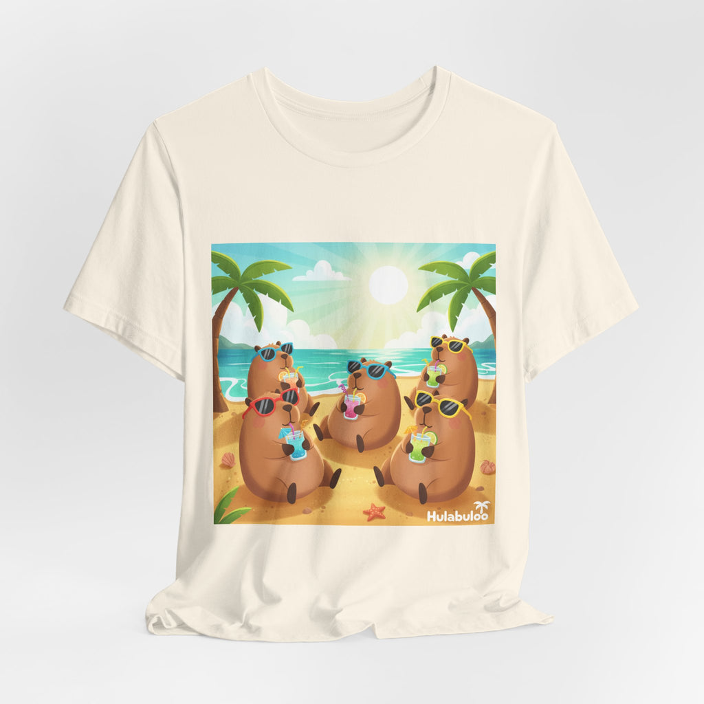 Capybara at the Beach Crew T‑Shirt — Cute Capybaras Sipping Cocktails Summer Tee
