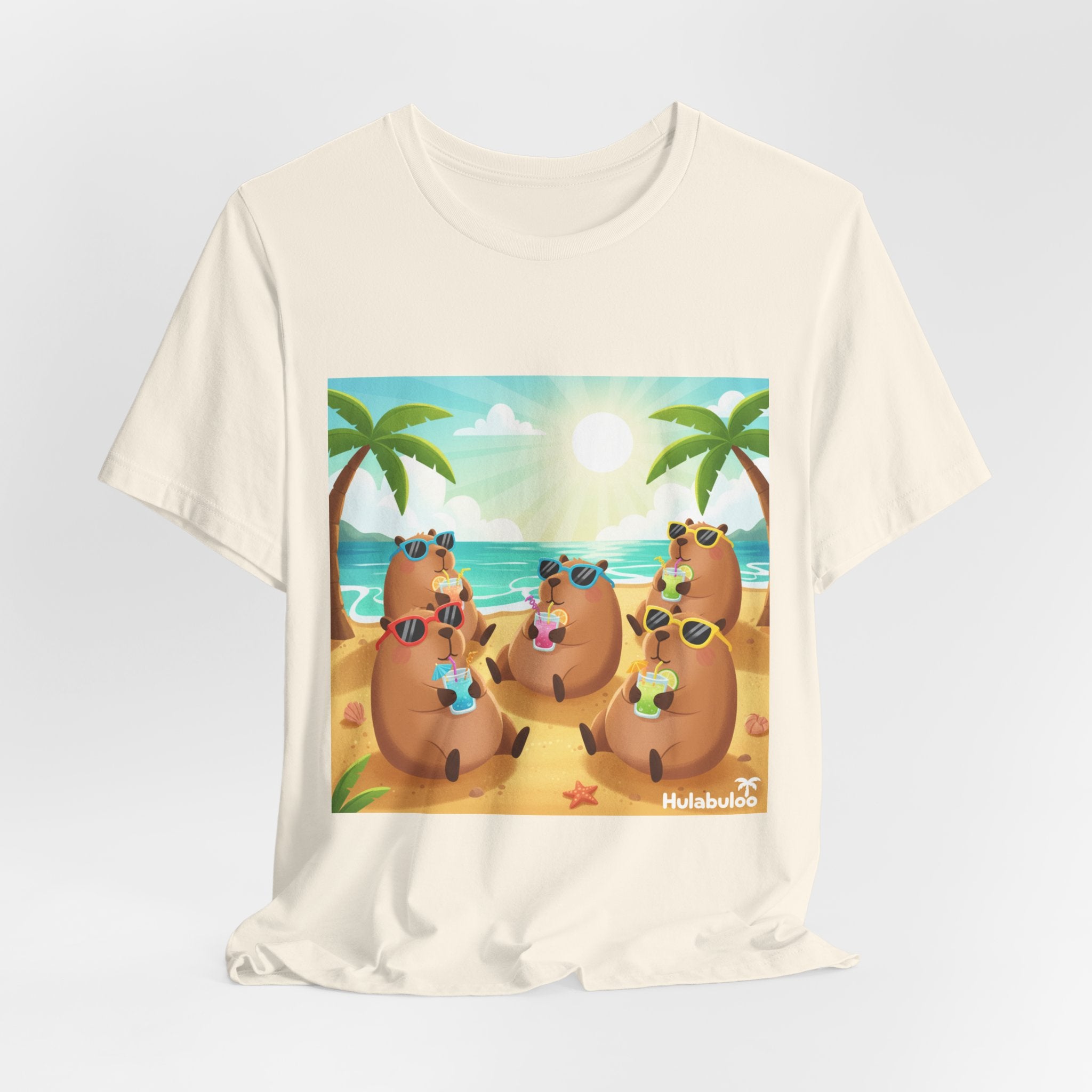 Capybara at the Beach Crew T‑Shirt — Cute Capybaras Sipping Cocktails Summer Tee