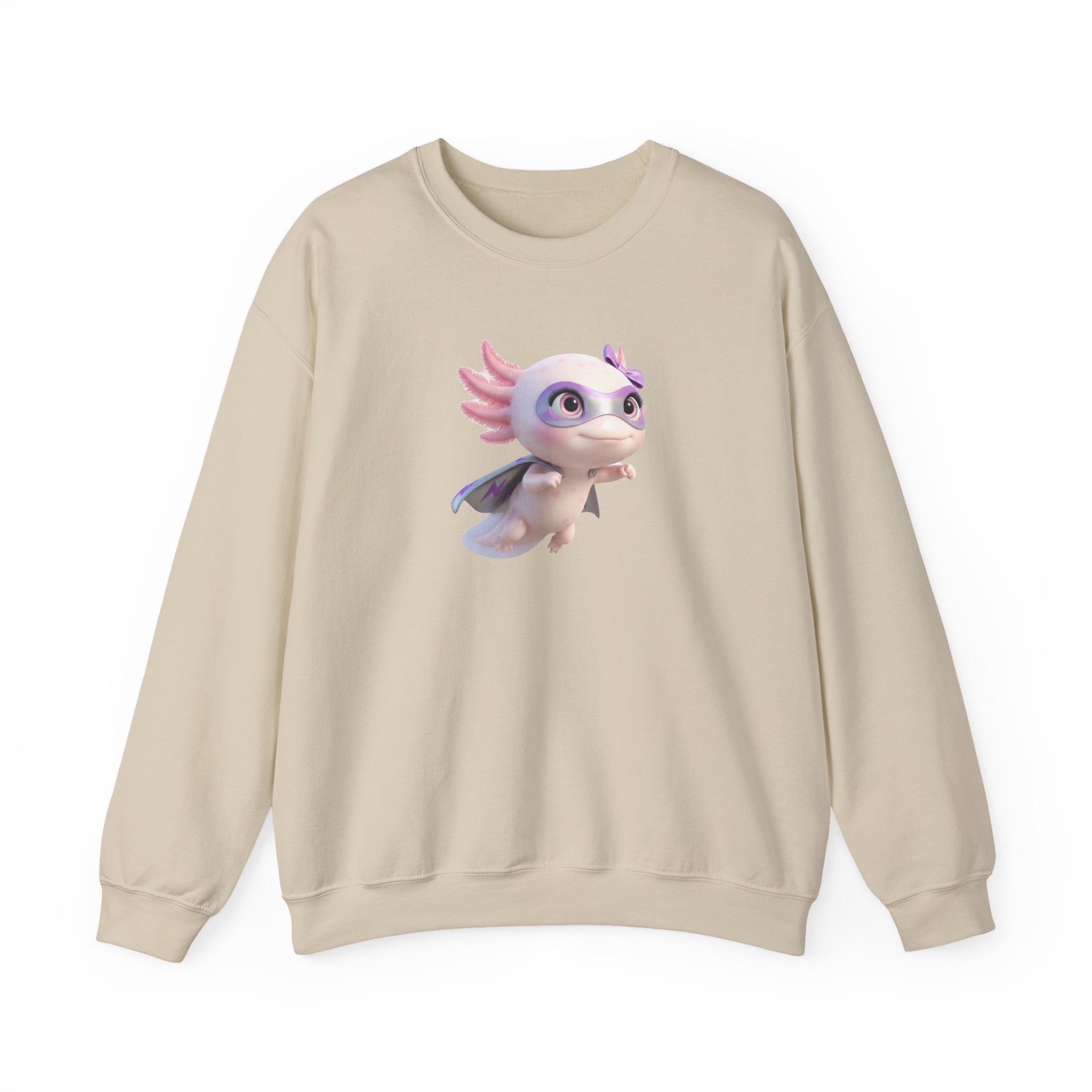 Axolotl Superhero Girl Flying Crewneck Sweatshirt — Cute Pastel Axolotl Design