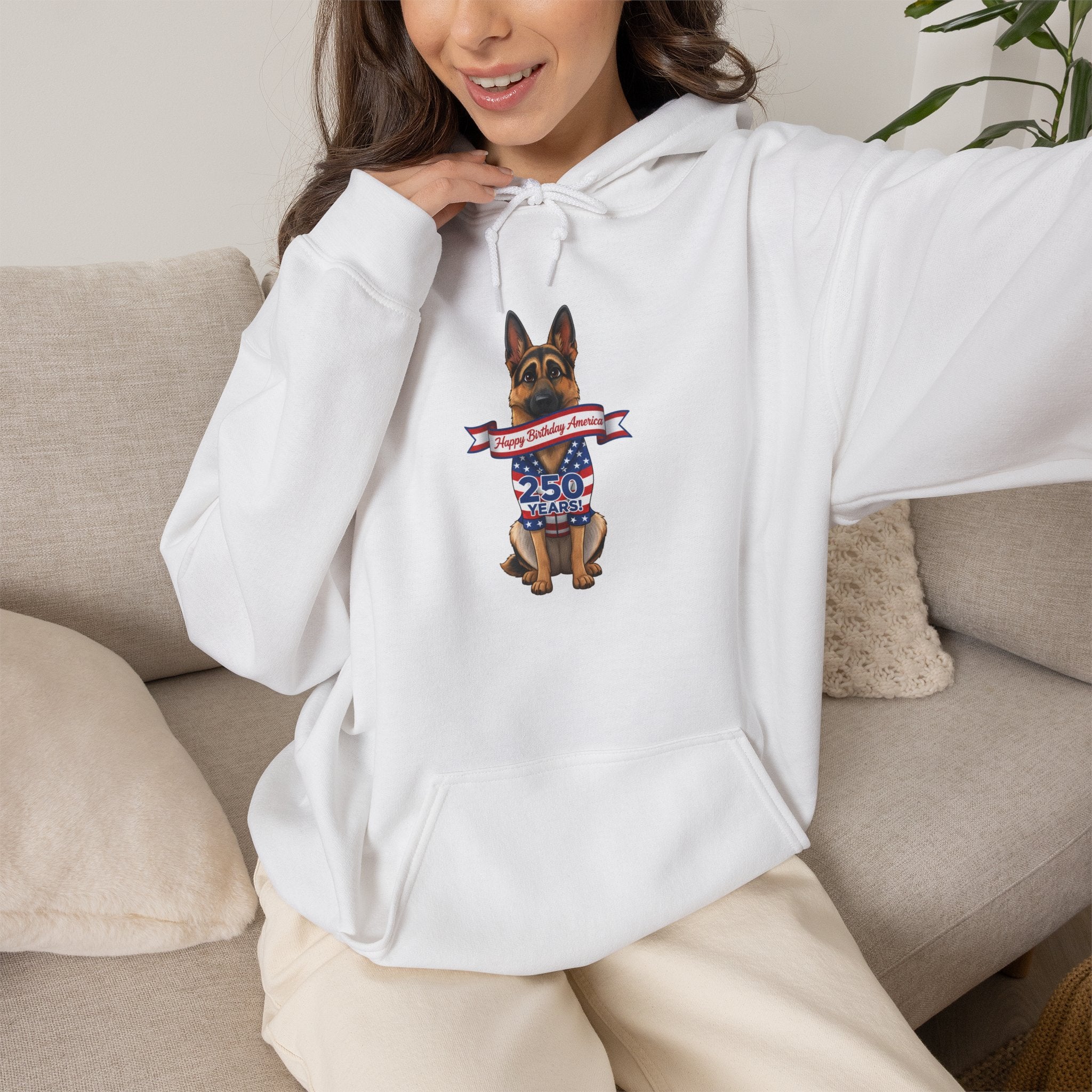 Patriotic German Shepherd Hoodie — USA Flag Dog Holding Banner Graphic