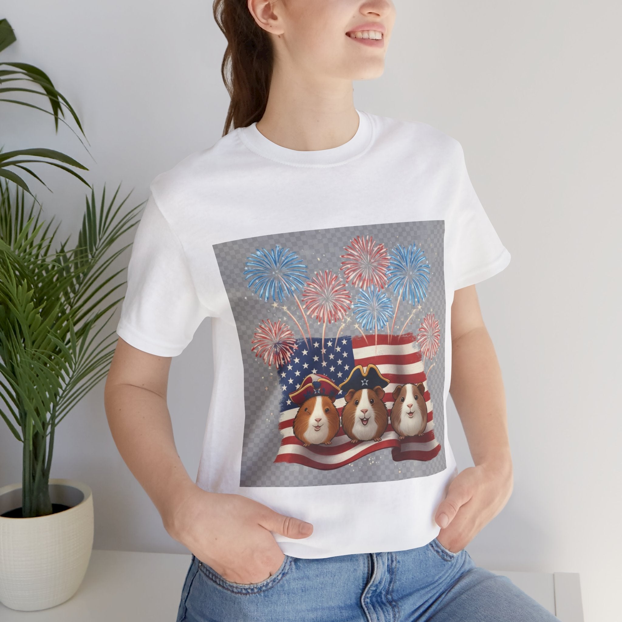 Patriotic Guinea Pig Tee – USA Flag, Fireworks & 3 Cute Guinea Pigs