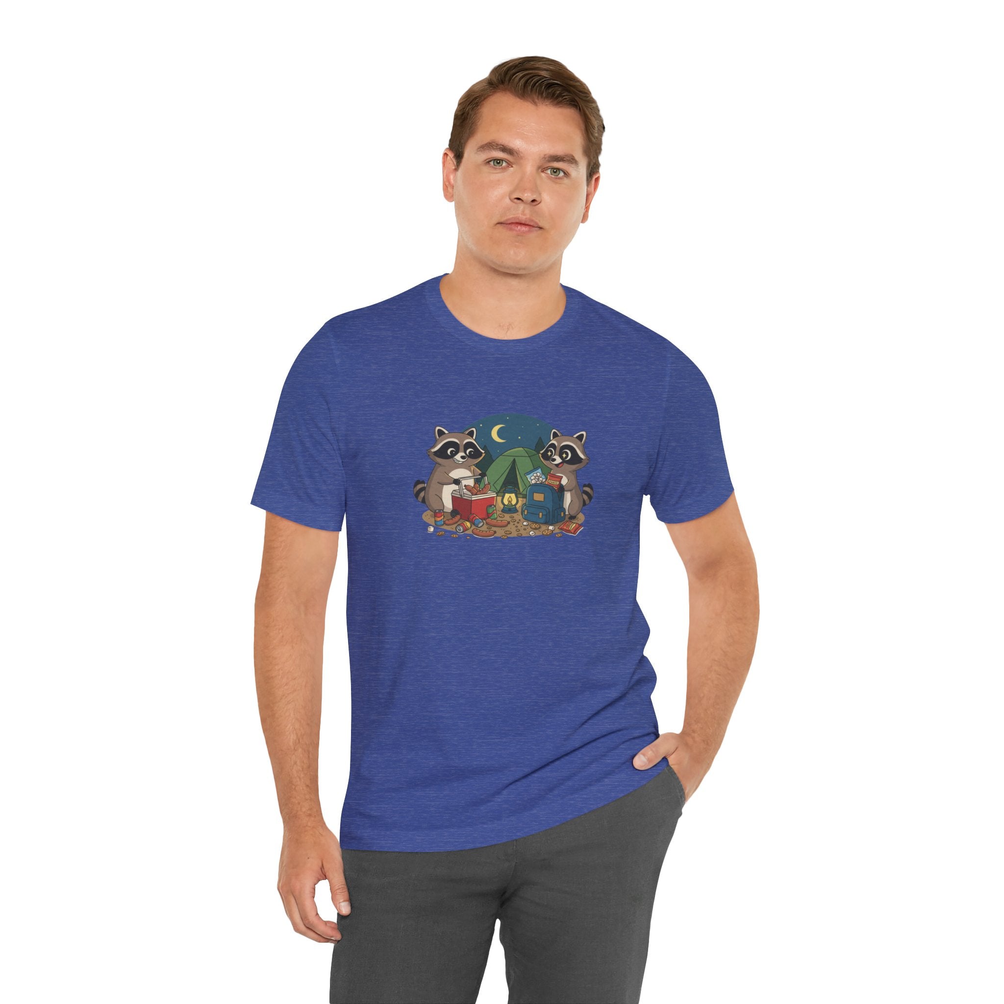 Camping Raccoons Graphic Tee – Cute Nighttime Tent & Marshmallow Illustration