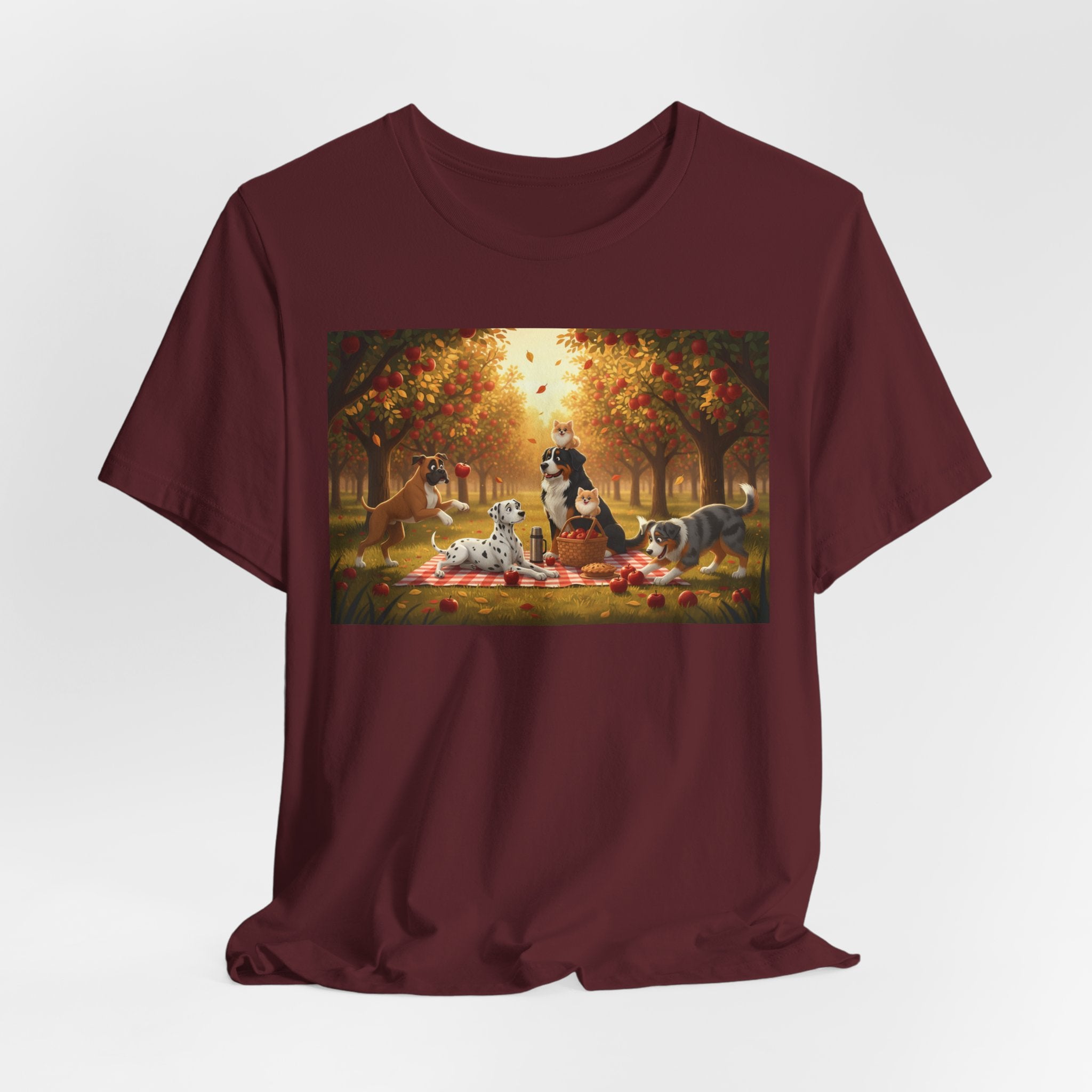 Dogs Autumn Picnic T‑Shirt — Cozy Fall Forest Canine Scene