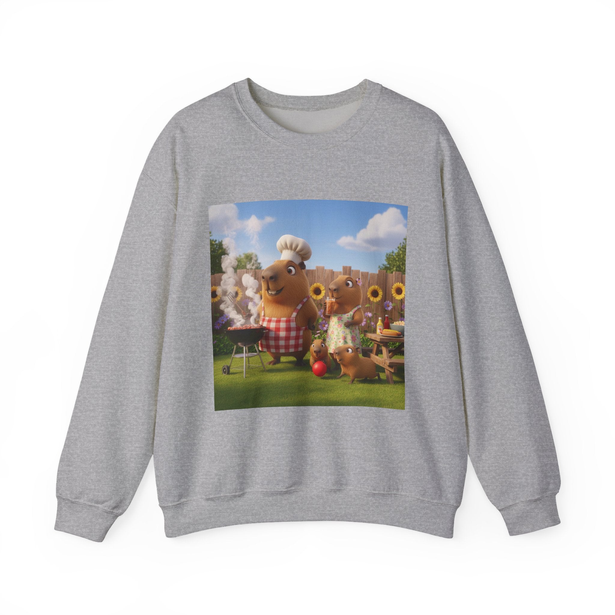 Capybara BBQ Crewneck Sweatshirt — Whimsical Capybara Family Illustration