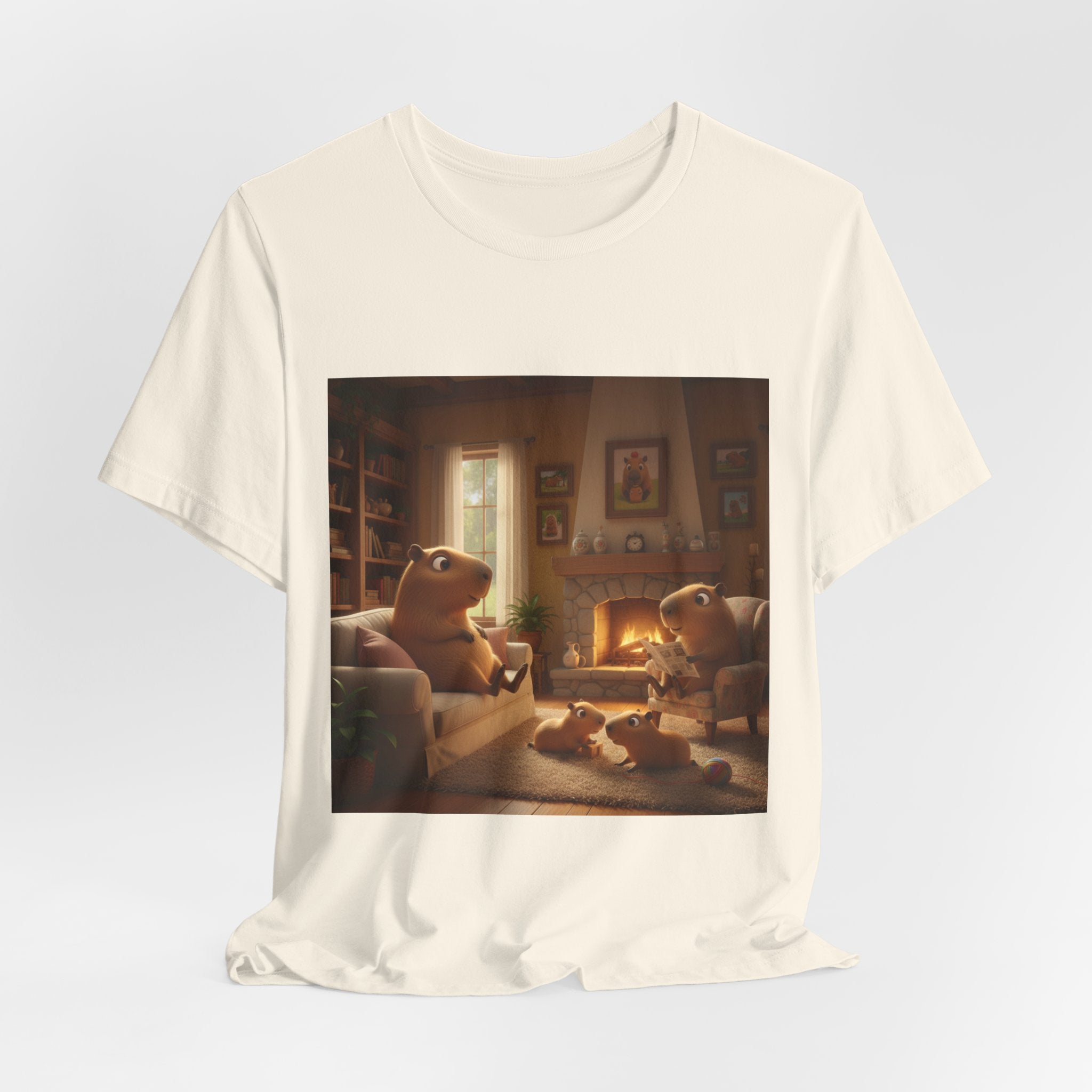 Capybara Family T‑Shirt — Warm Fireplace Family Home Scene Tee