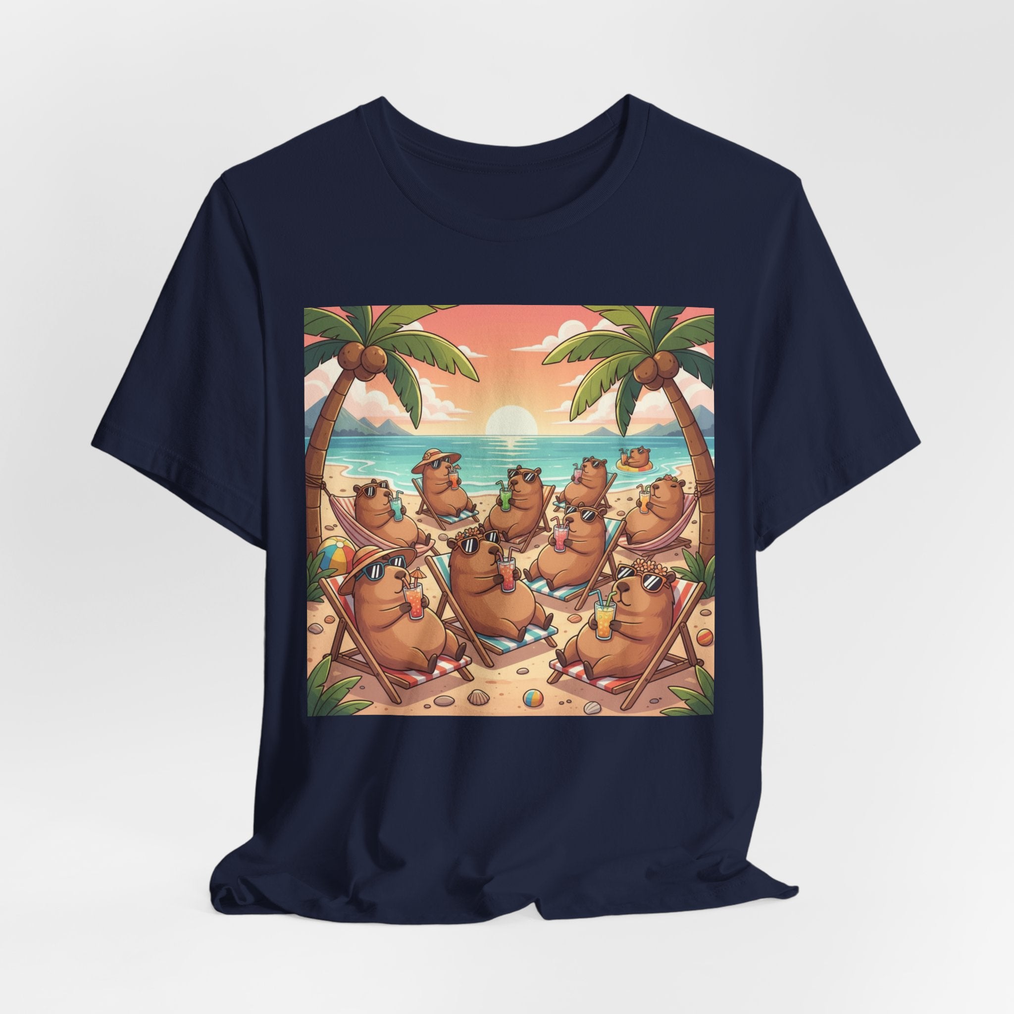Capybaras on the Beach T-Shirt — Cute Sunset Palm Beachwear