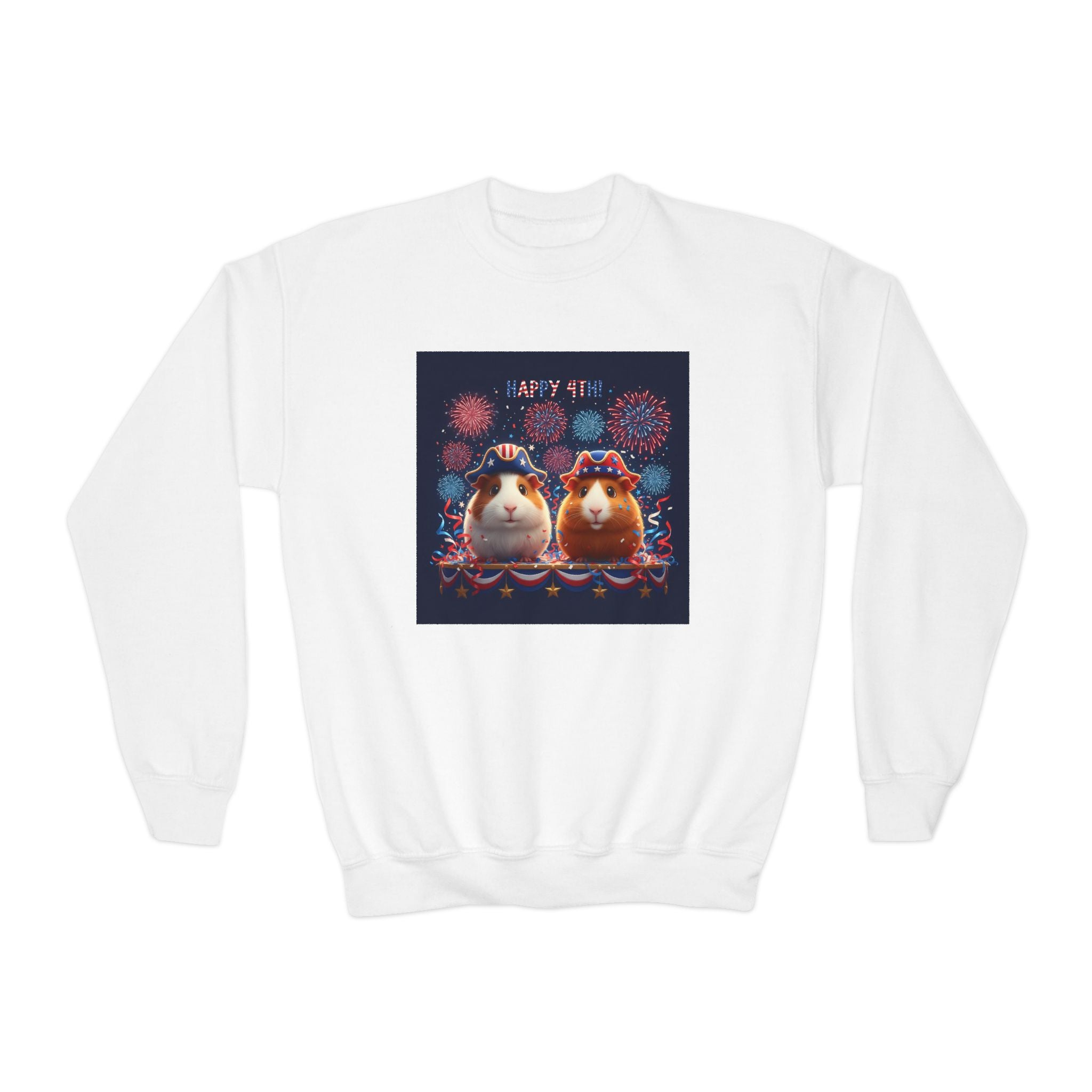 Guinea Pig Youth Sweatshirt — "Happy 4th" Cute Chester And Friend Guinea Pigs with Fireworks Patriotic Crewneck