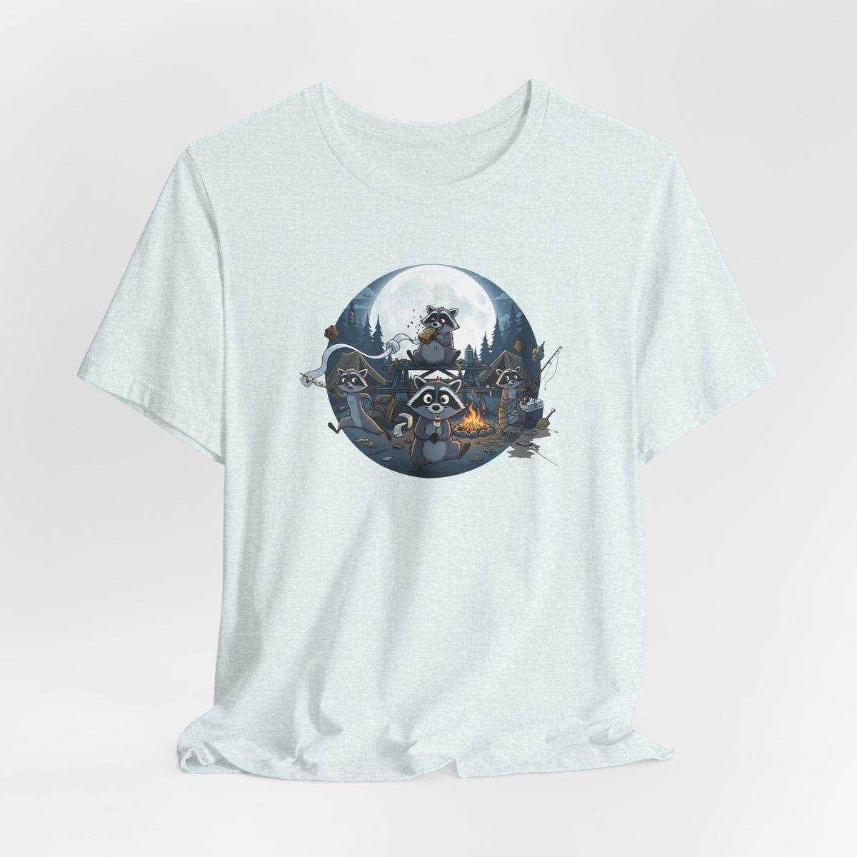 Moonlit Raccoon Camp Raiders Tee — Night Adventure Wildlife T-Shirt