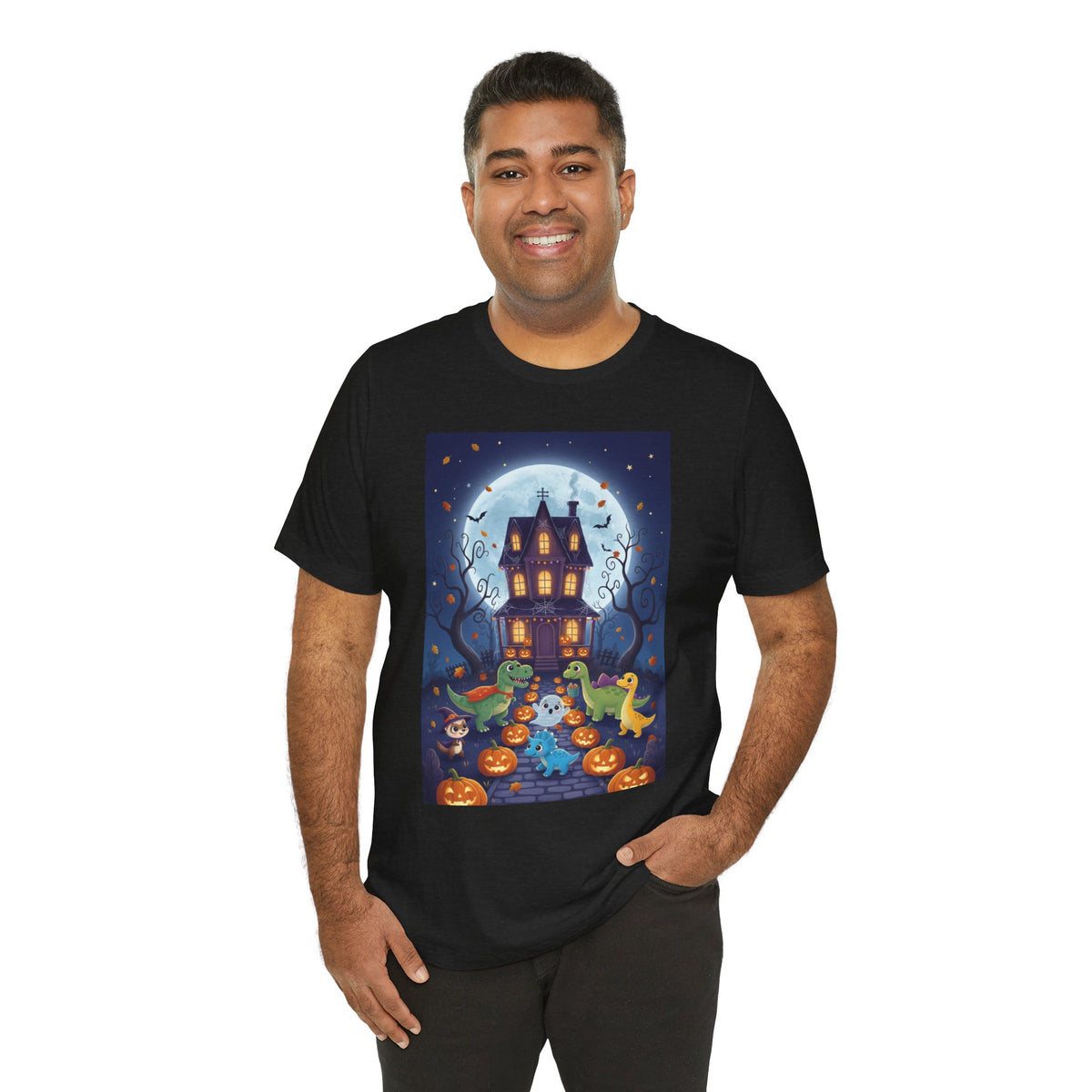 Dinosaurs Halloween Haunted House Tee — Cute Ghosts, Pumpkins & Moonlit Night