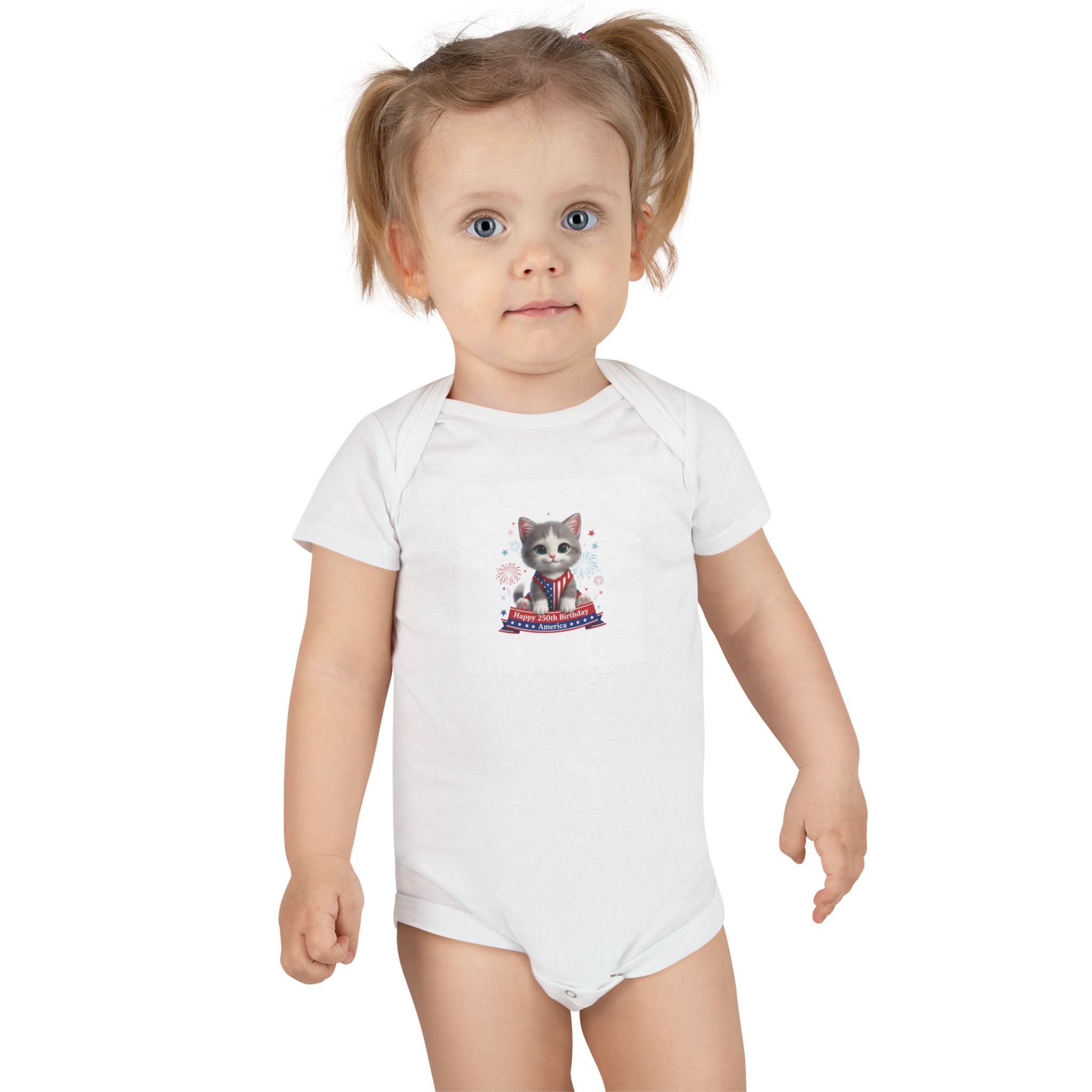 Kitten Baby Onesie – Cute Kitten with Happy 250th Birthday America Infant Short Sleeve Bodysuit