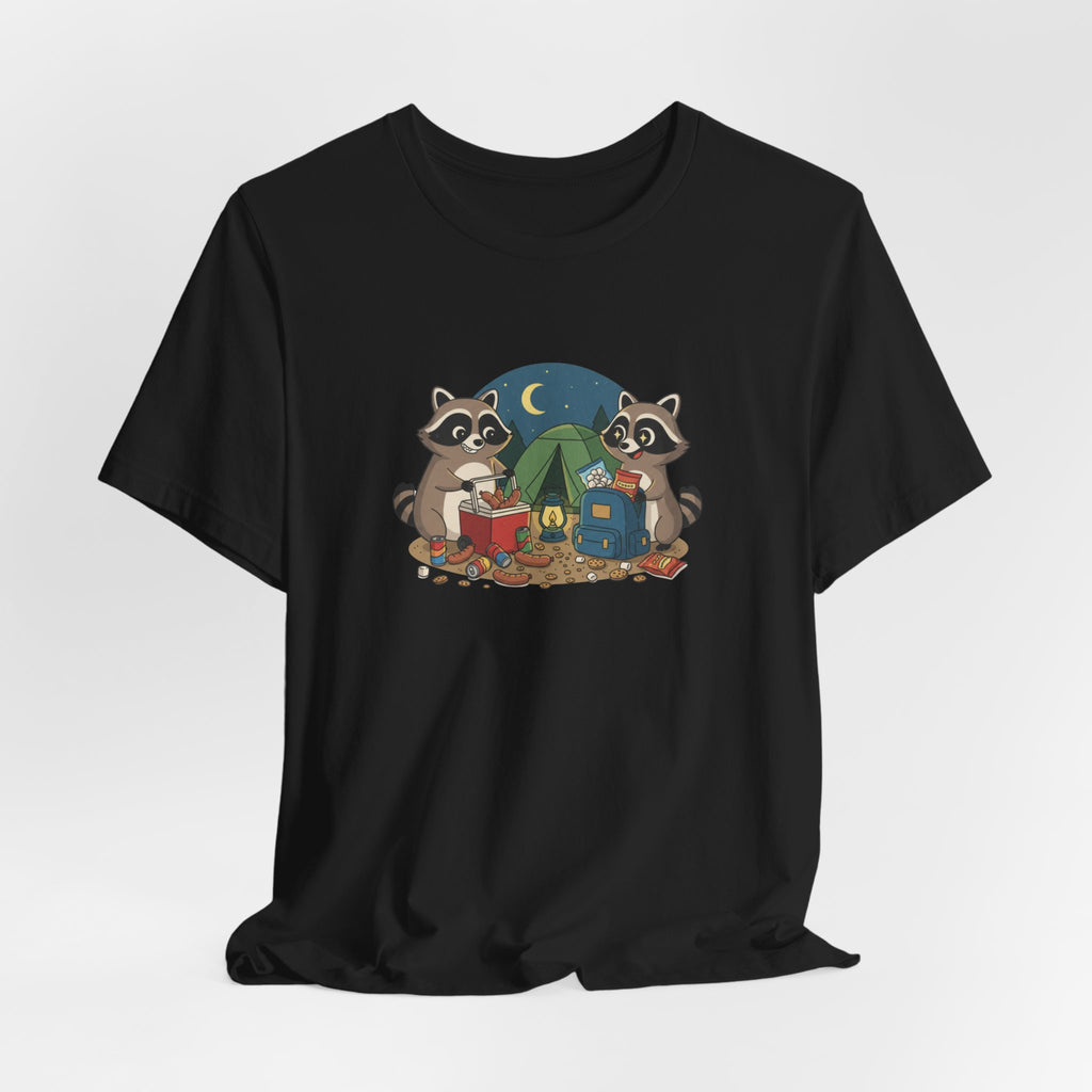 Camping Raccoons Graphic Tee – Cute Nighttime Tent & Marshmallow Illustration