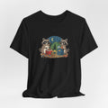 Camping Raccoons Graphic Tee – Cute Nighttime Tent & Marshmallow Illustration