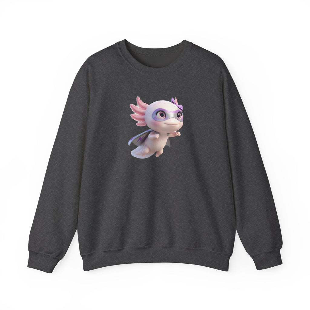 Axolotl Superhero Girl Flying Crewneck Sweatshirt — Cute Pastel Axolotl Design