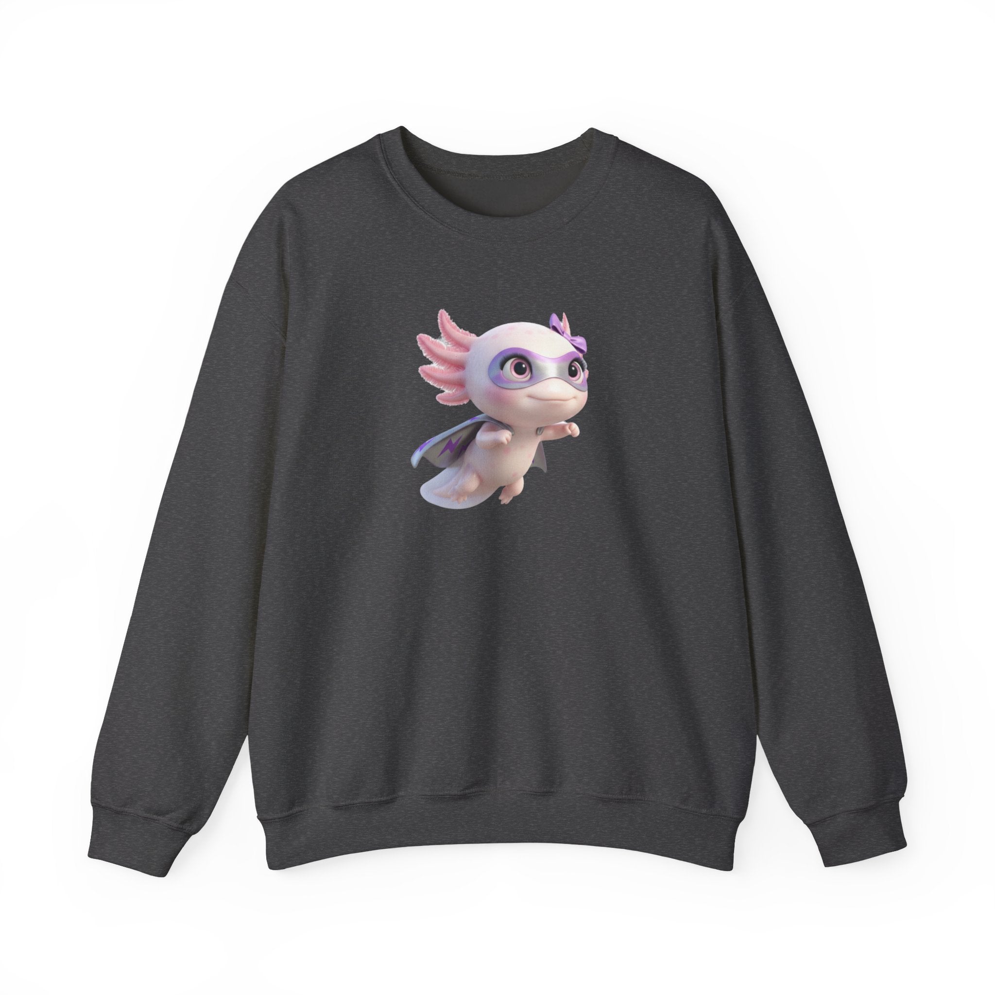 Axolotl Superhero Girl Flying Crewneck Sweatshirt — Cute Pastel Axolotl Design