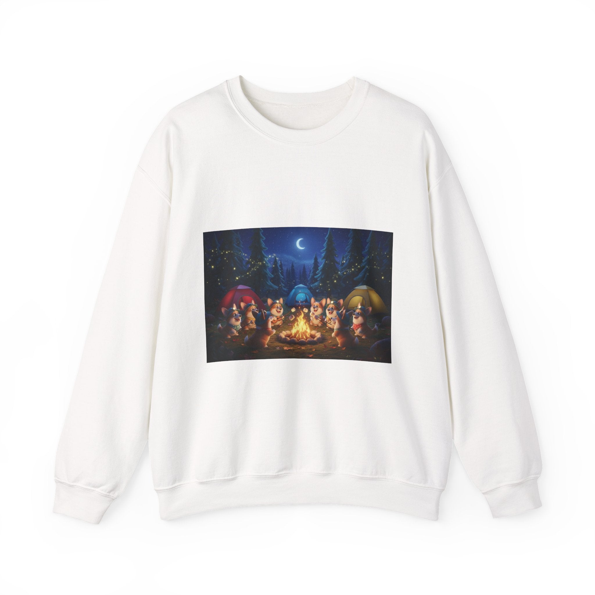 Camping Corgis Campfire Crewneck Sweatshirt – Night Forest Tents & Cozy Friends Design