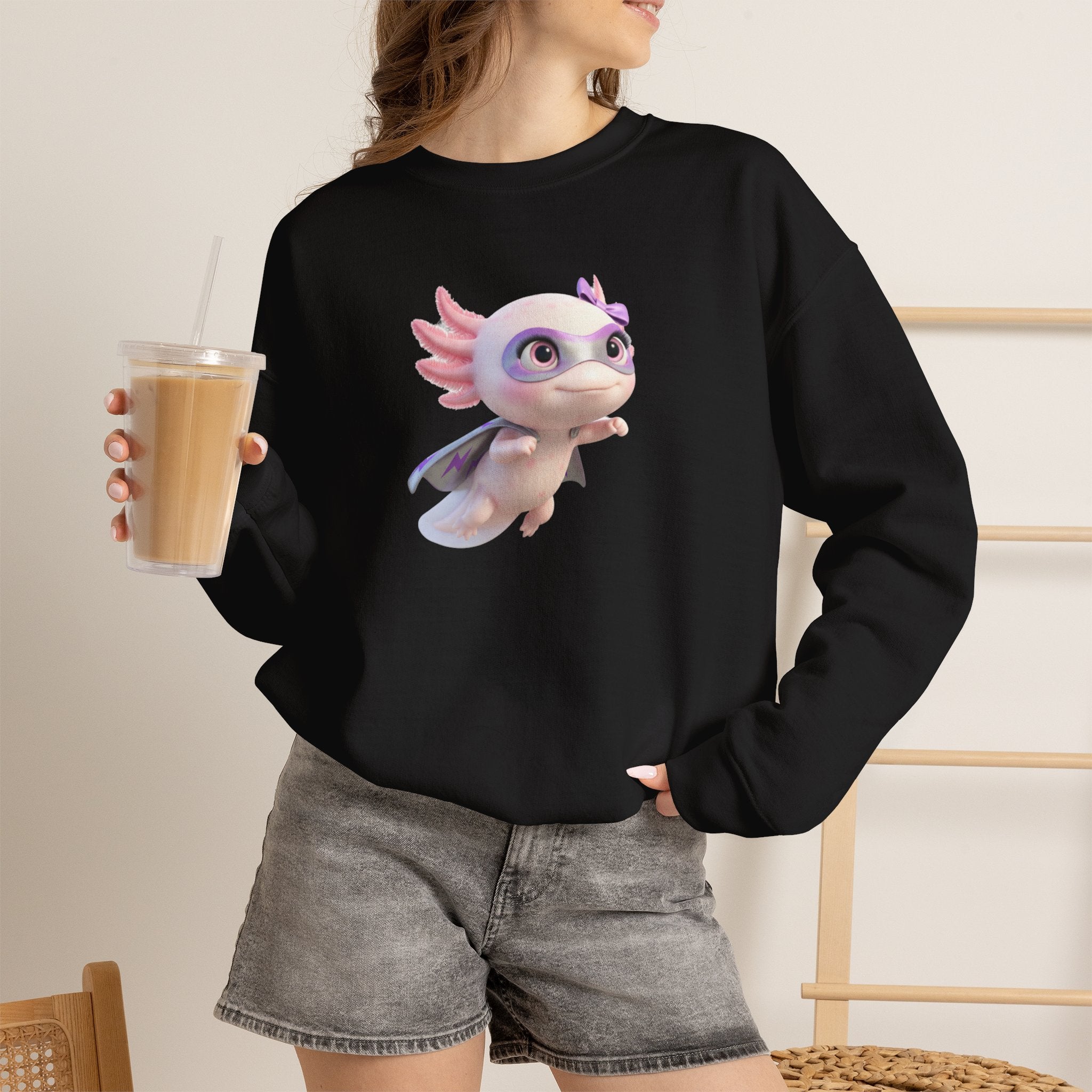 Axolotl Superhero Girl Flying Crewneck Sweatshirt — Cute Pastel Axolotl Design