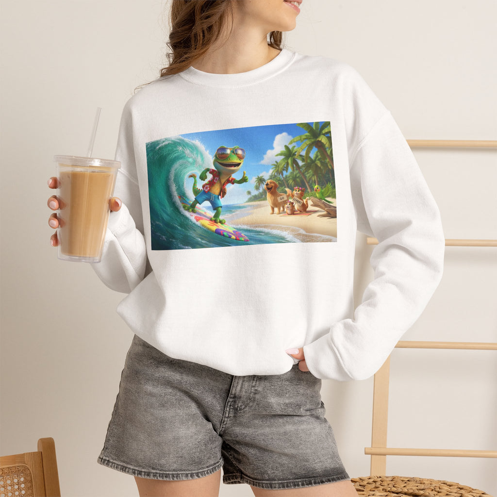 Lizard Surfing Crewneck Sweatshirt — Tropical Beach Surf Graphic