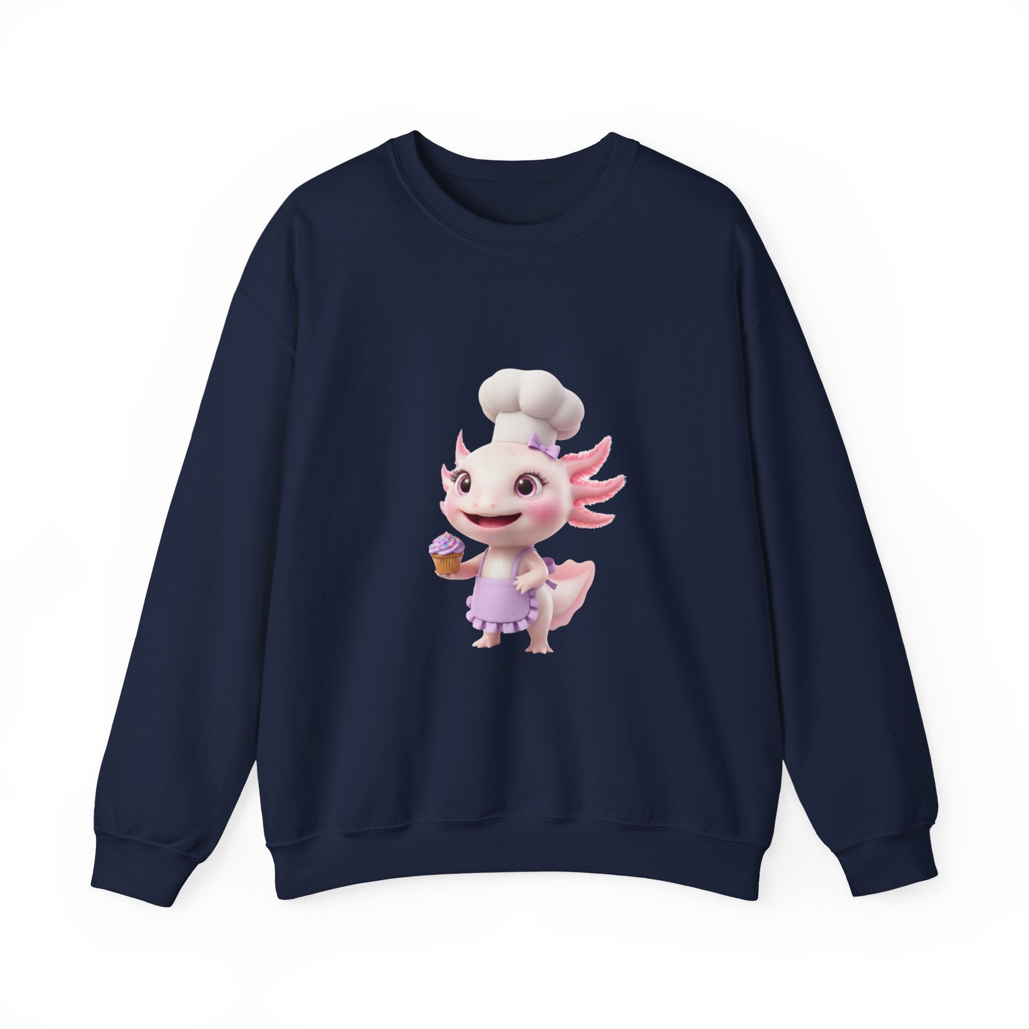 Axolotl Chef Girl Crewneck Sweatshirt — Cute Pink Axolotl Baking Design