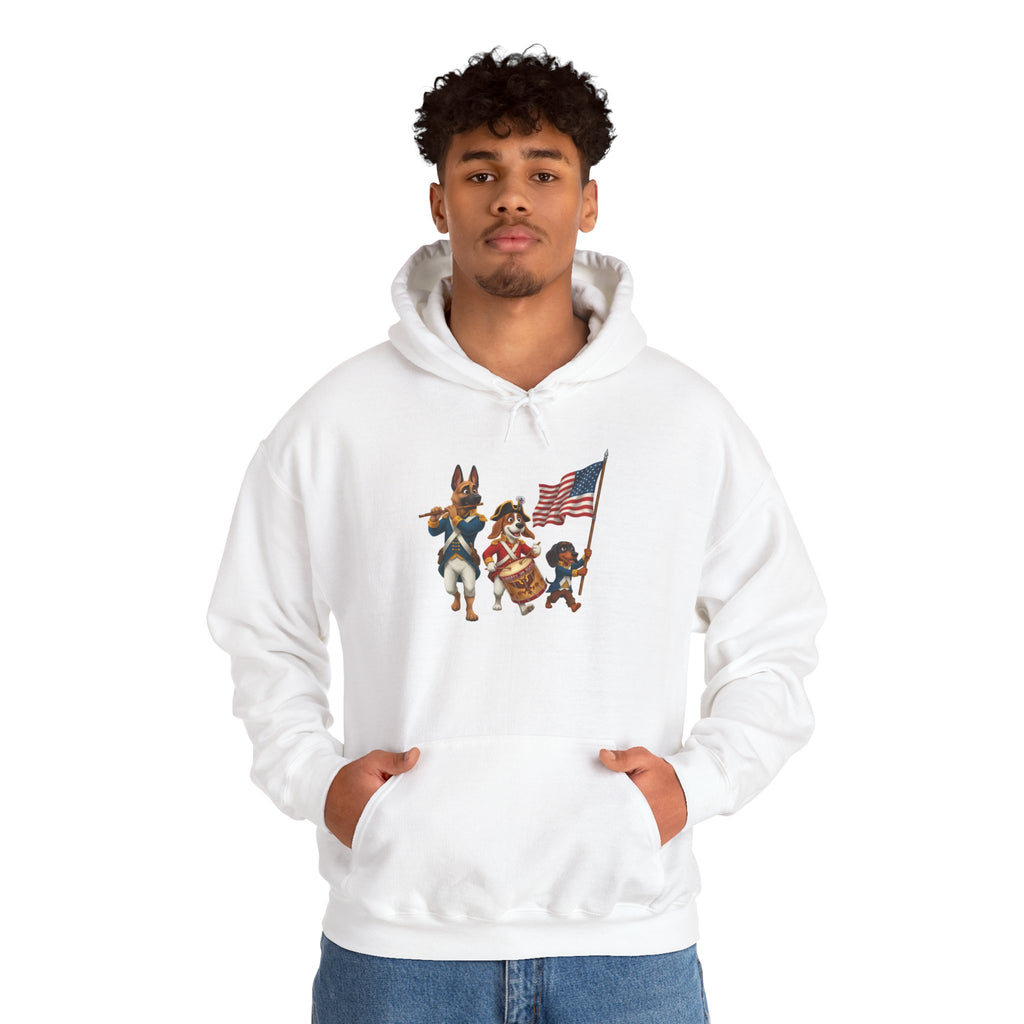 Patriotic Marching Dogs Hoodie — American Flag Puppy Parade Sweatshirt