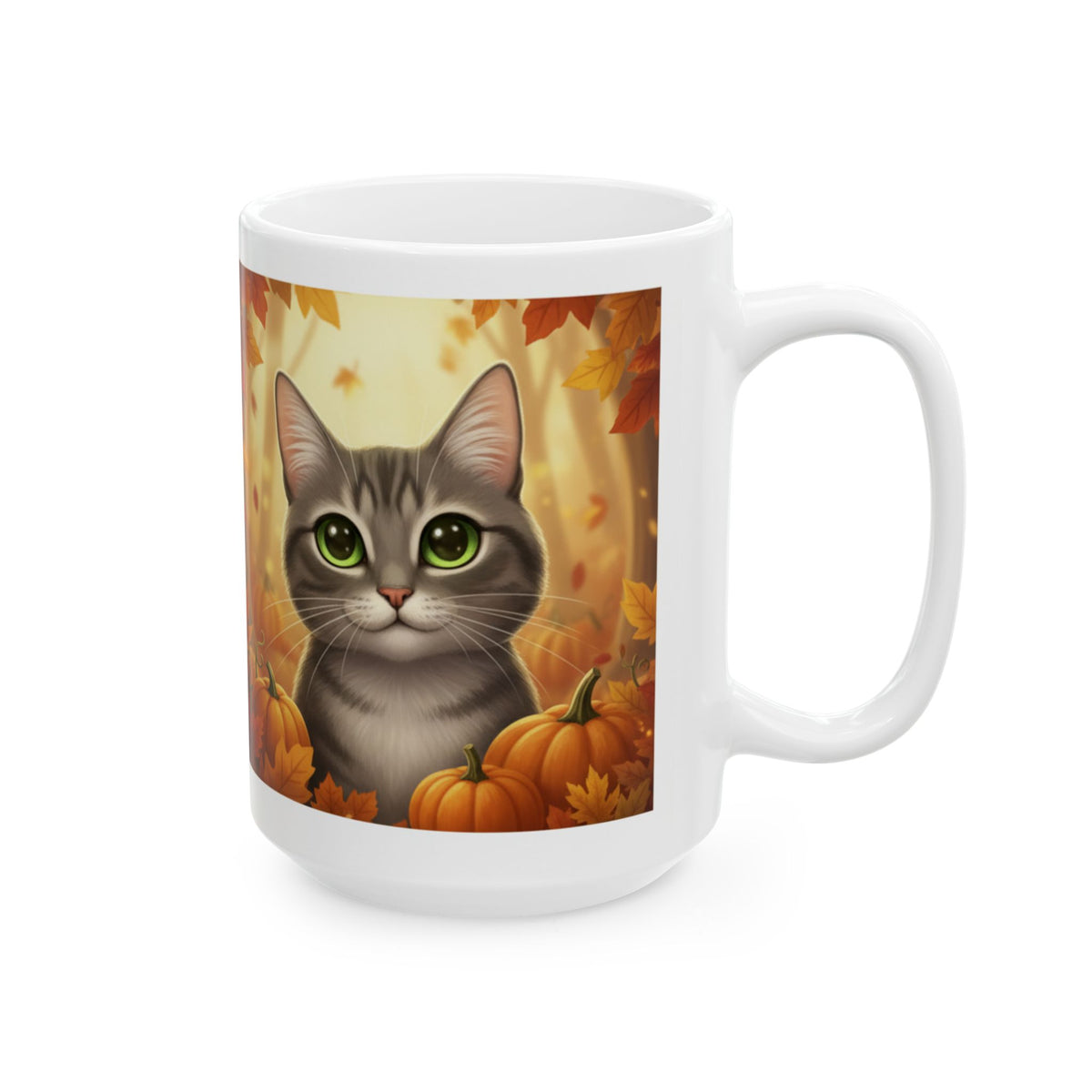 Autumn Pumpkin Cat Ceramic Mug — Fall Leaves Coffee Cup