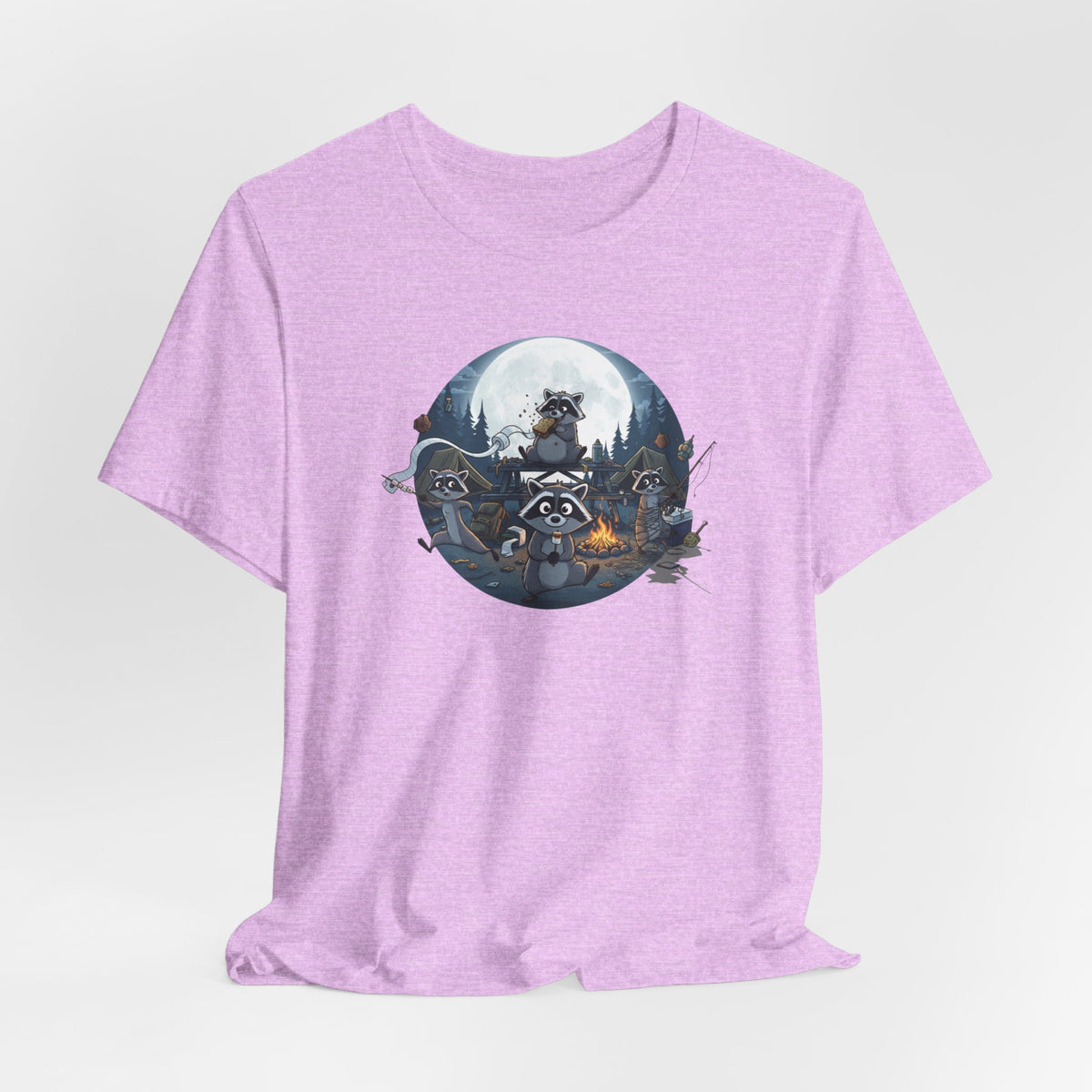 Moonlit Raccoon Camp Raiders Tee — Night Adventure Wildlife T-Shirt
