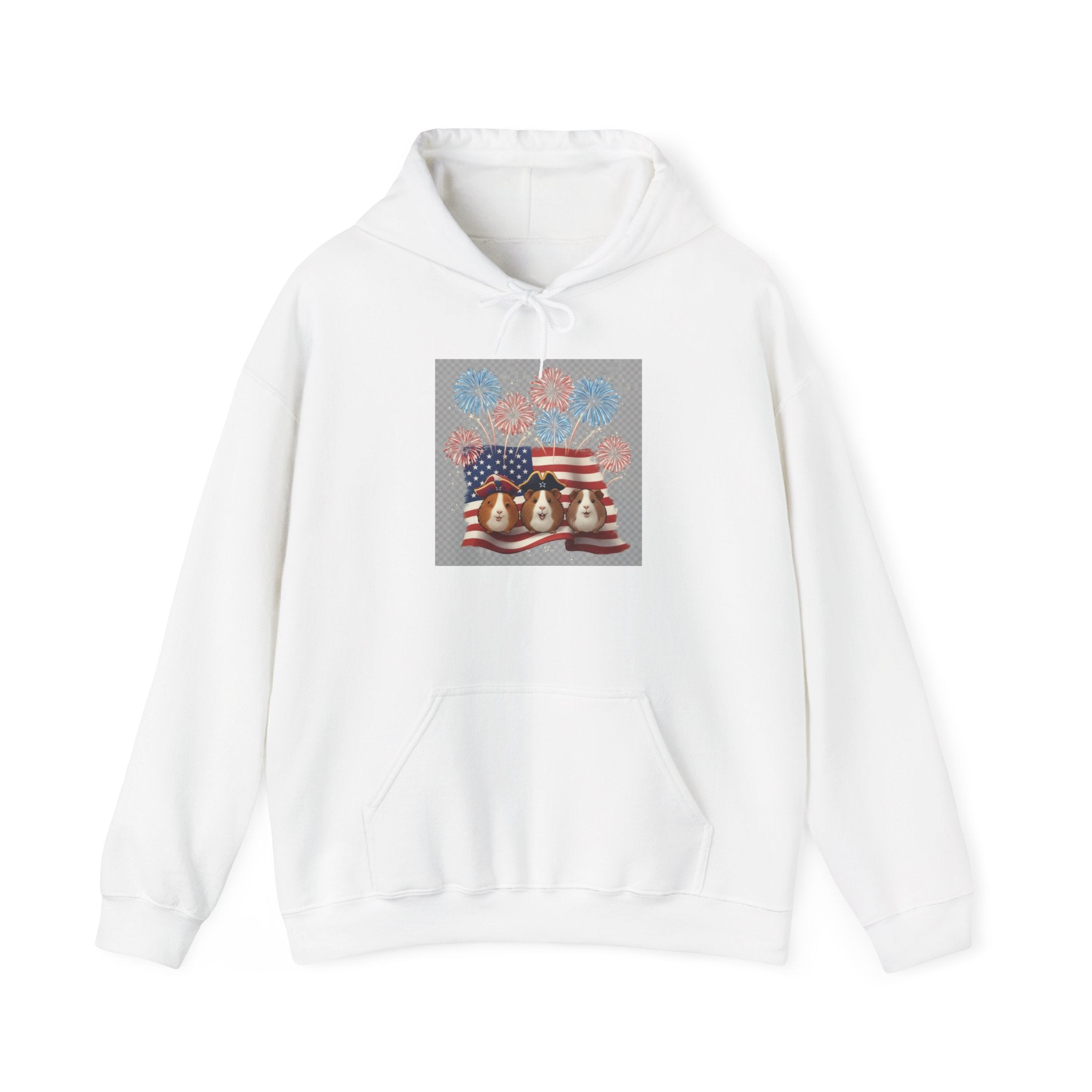 Patriotic Fireworks with Guinea Pigs Hoodie — American Flag Fireworks 4th of July Sweatshirt