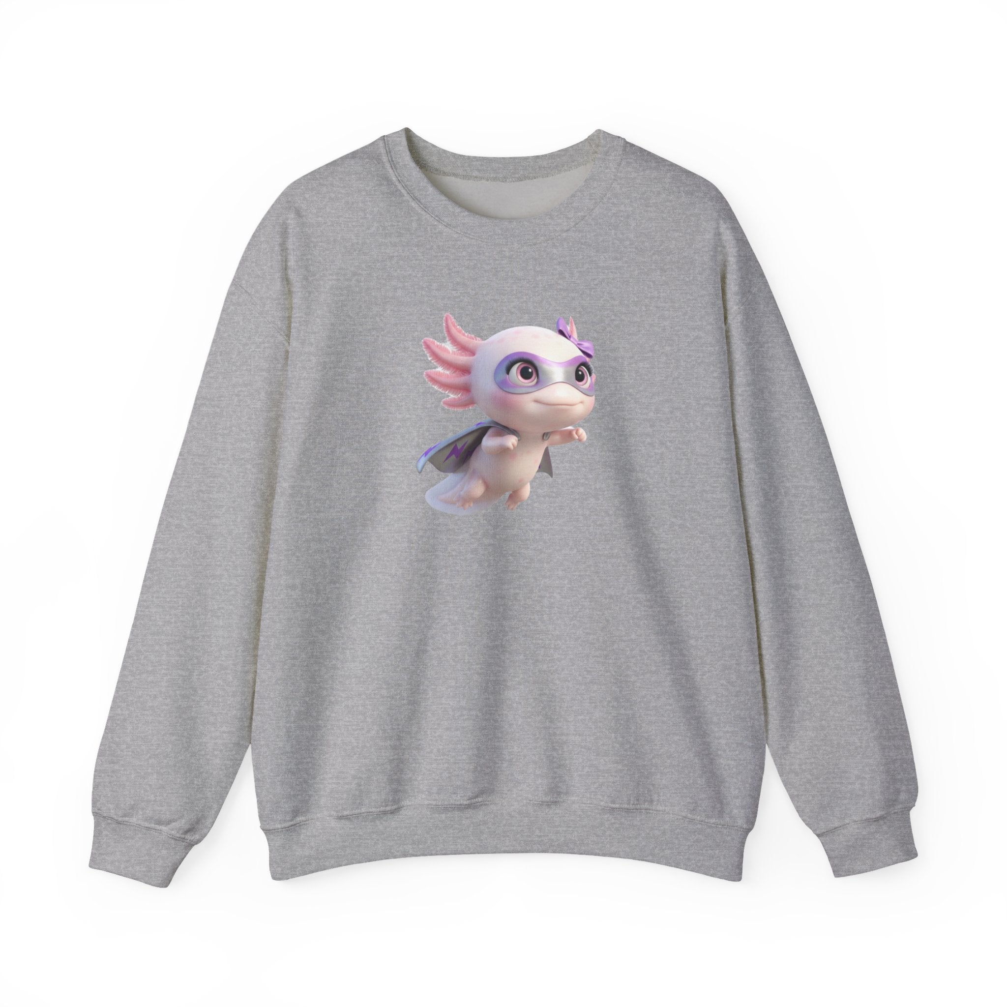Axolotl Superhero Girl Flying Crewneck Sweatshirt — Cute Pastel Axolotl Design