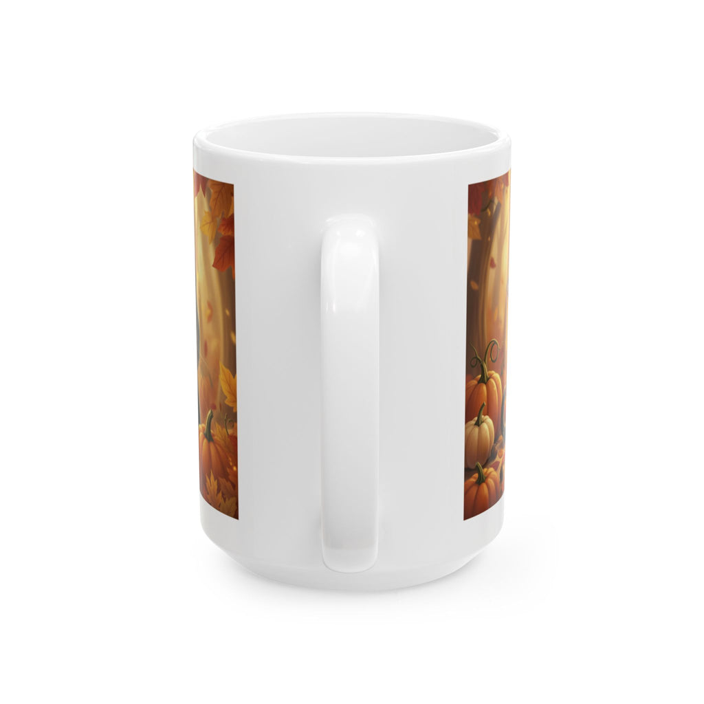 Autumn Pumpkin Cat Ceramic Mug — Fall Leaves Coffee Cup
