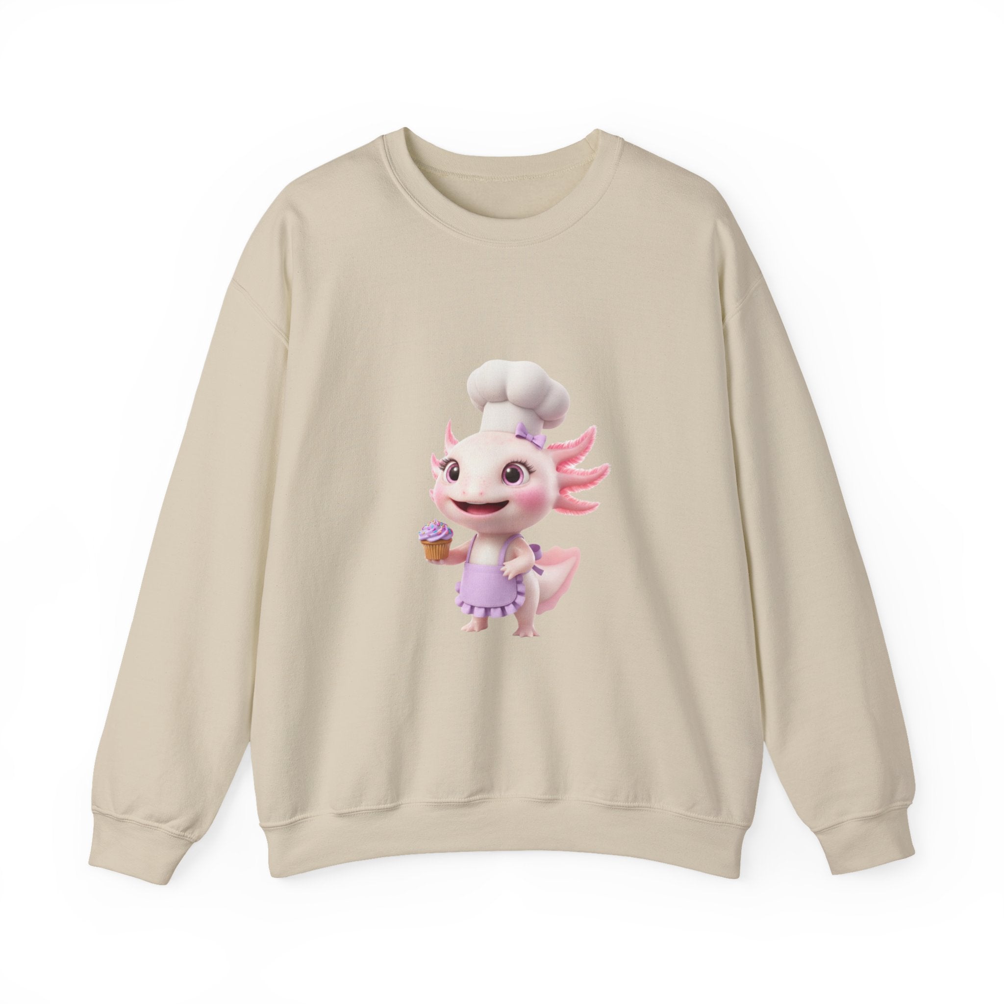 Axolotl Chef Girl Crewneck Sweatshirt — Cute Pink Axolotl Baking Design