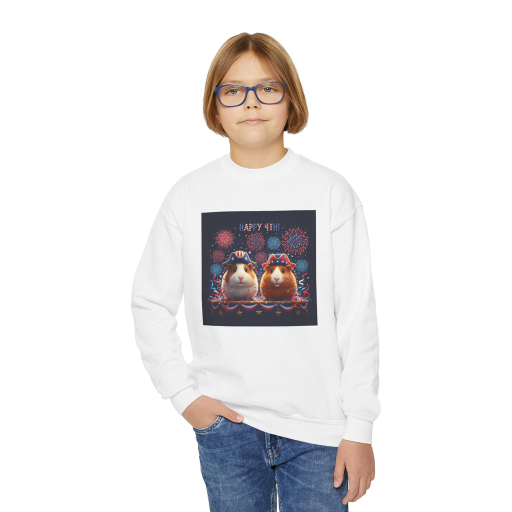 Guinea Pig Youth Sweatshirt — "Happy 4th" Cute Chester And Friend Guinea Pigs with Fireworks Patriotic Crewneck